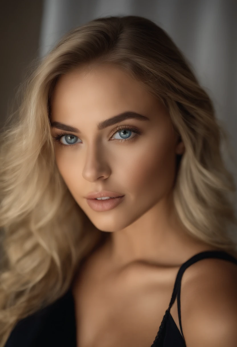 oman with matching tank top and panties, fille sexy aux yeux bleus, Portrait Sophie Mudd, Portrait de Corinna Kopf, cheveux blonds et grands yeux, selfie of a young woman, ohne Maquillage, maquillage naturel, Look directly into the camera, Visage avec Artgram, dezentes Maquillage, Superbe photo du corps entier, dans la chambre, gros seins, Blonde, Latin