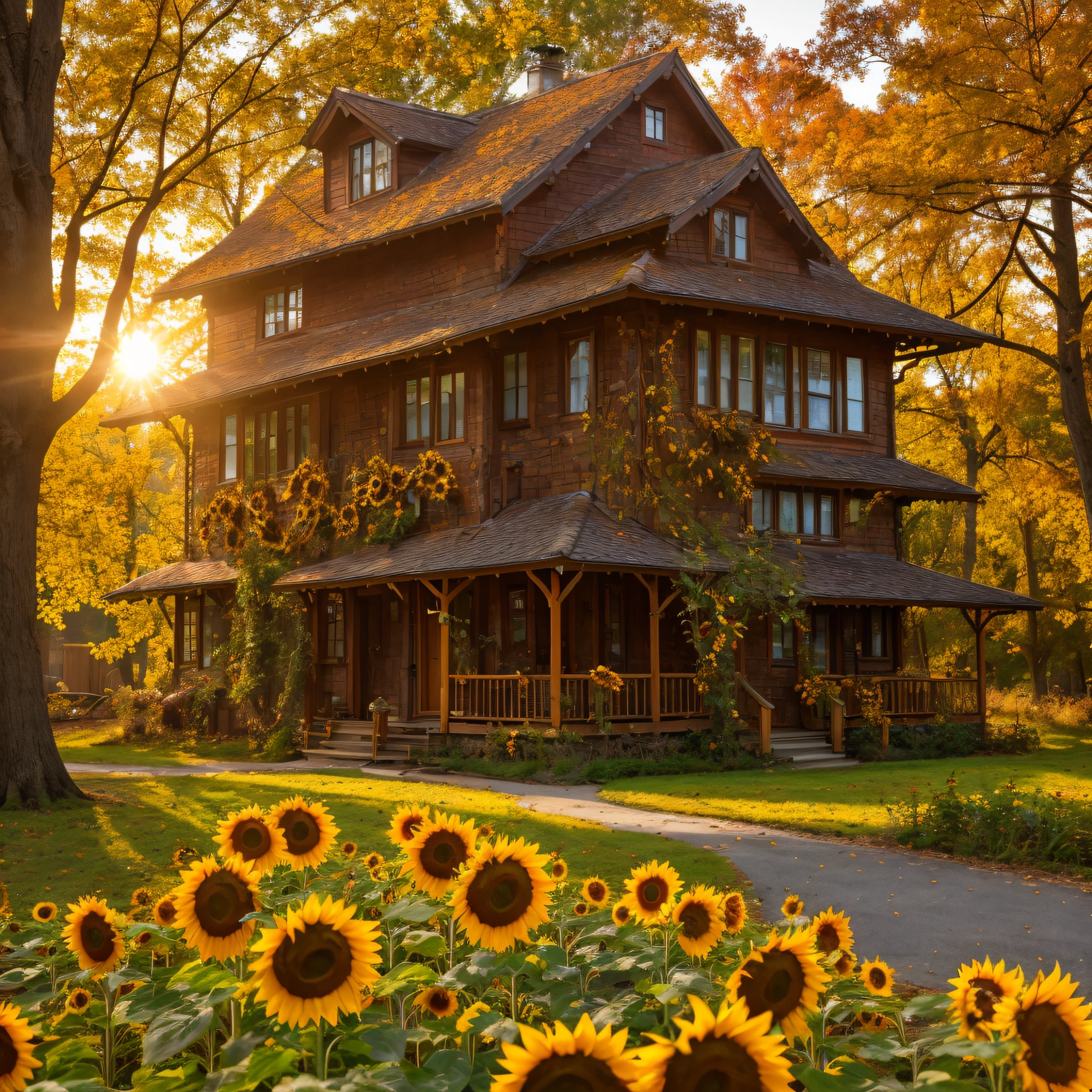 sunflower house, autumn sunrise, Style-Luxury, enchanted, magical, whimsical, (masterpiece:1.1) (best quality) (detailed) (intricate) (8k) (HDR) (cinematic lighting) (sharp focus:1.1)