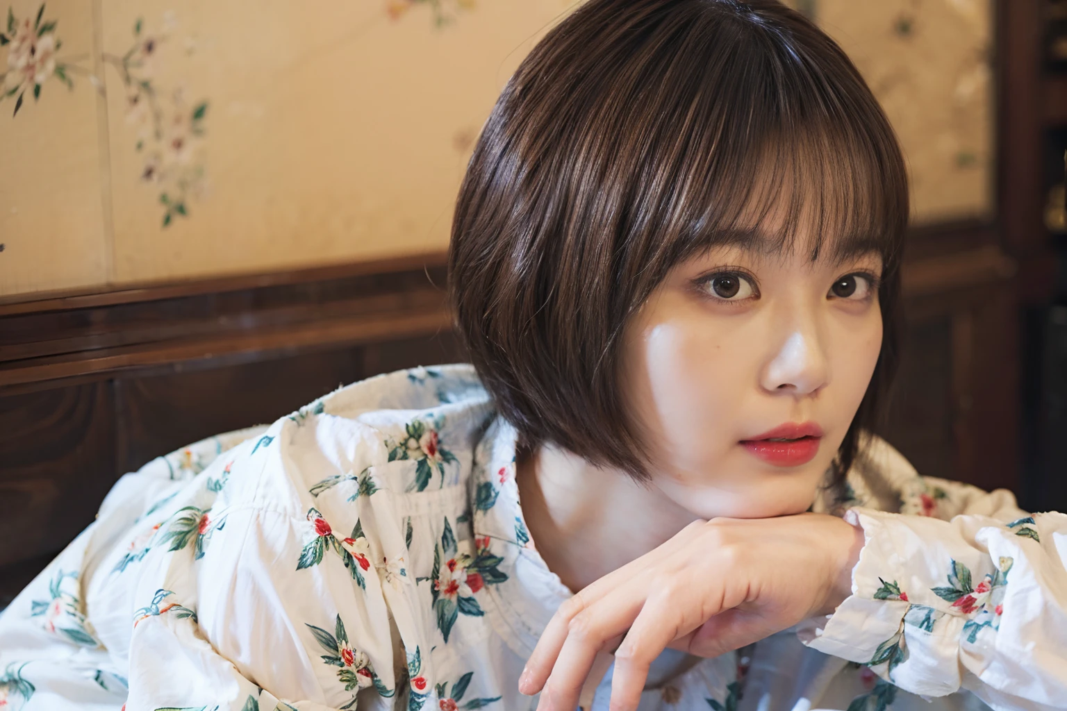30
(Shorthair:1.23), (a 20 yo woman), (A hyper-realistic), (Masterpiece), (8KUHD), Focus on the face, Long sleeve shirt with floral pattern, (breast:1.23), serene expressions