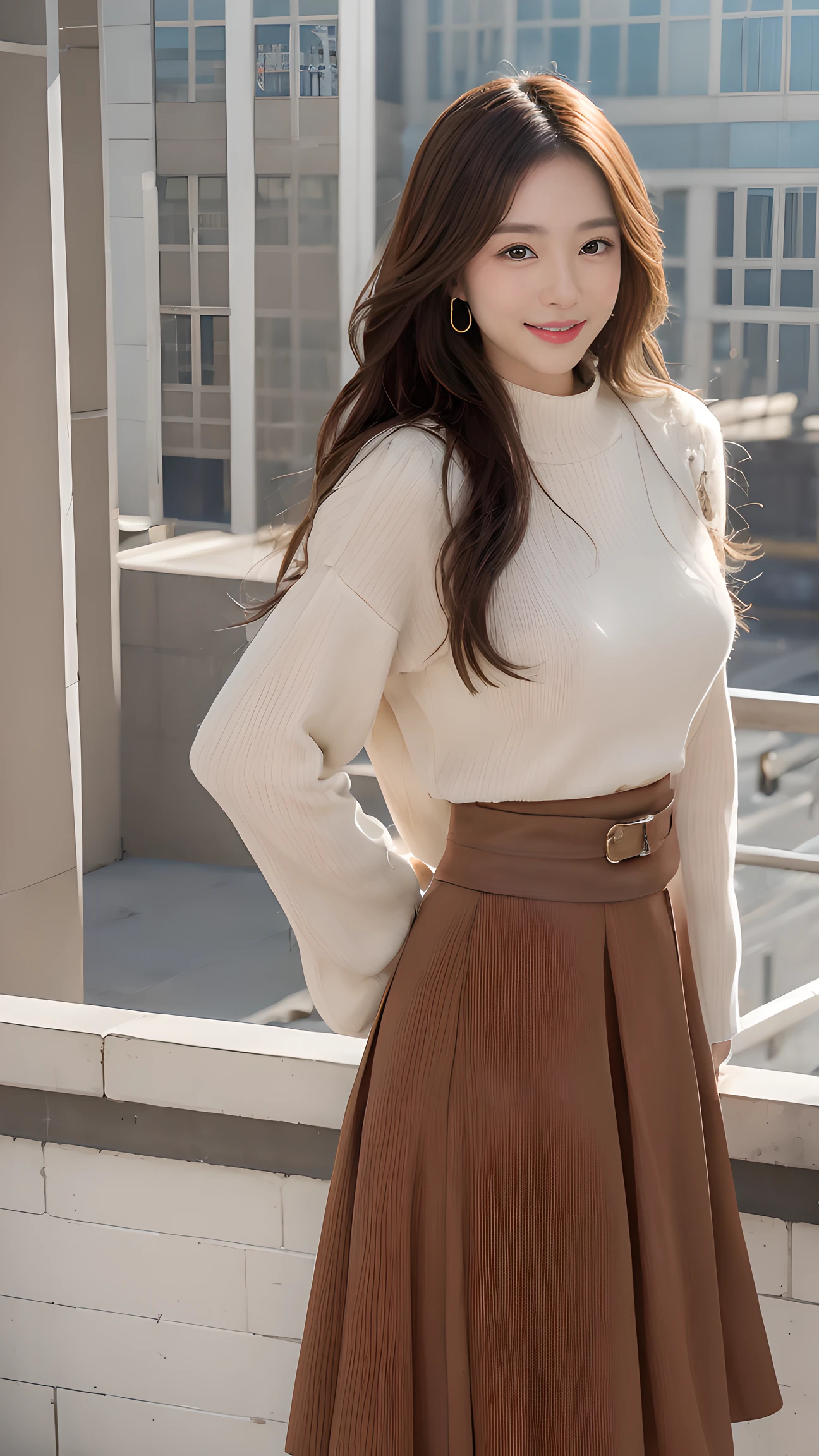 long (waist-length:1.2) windblown hair, masterpiece, best quality, highres, 1girl, japanese, looking at viewer, (smile:0.6), rooftop of building with fence, wind, skirt lift, loose fit sweater, (flare long skirt:1.33), long boots, hoop earrings, cowboy shot,