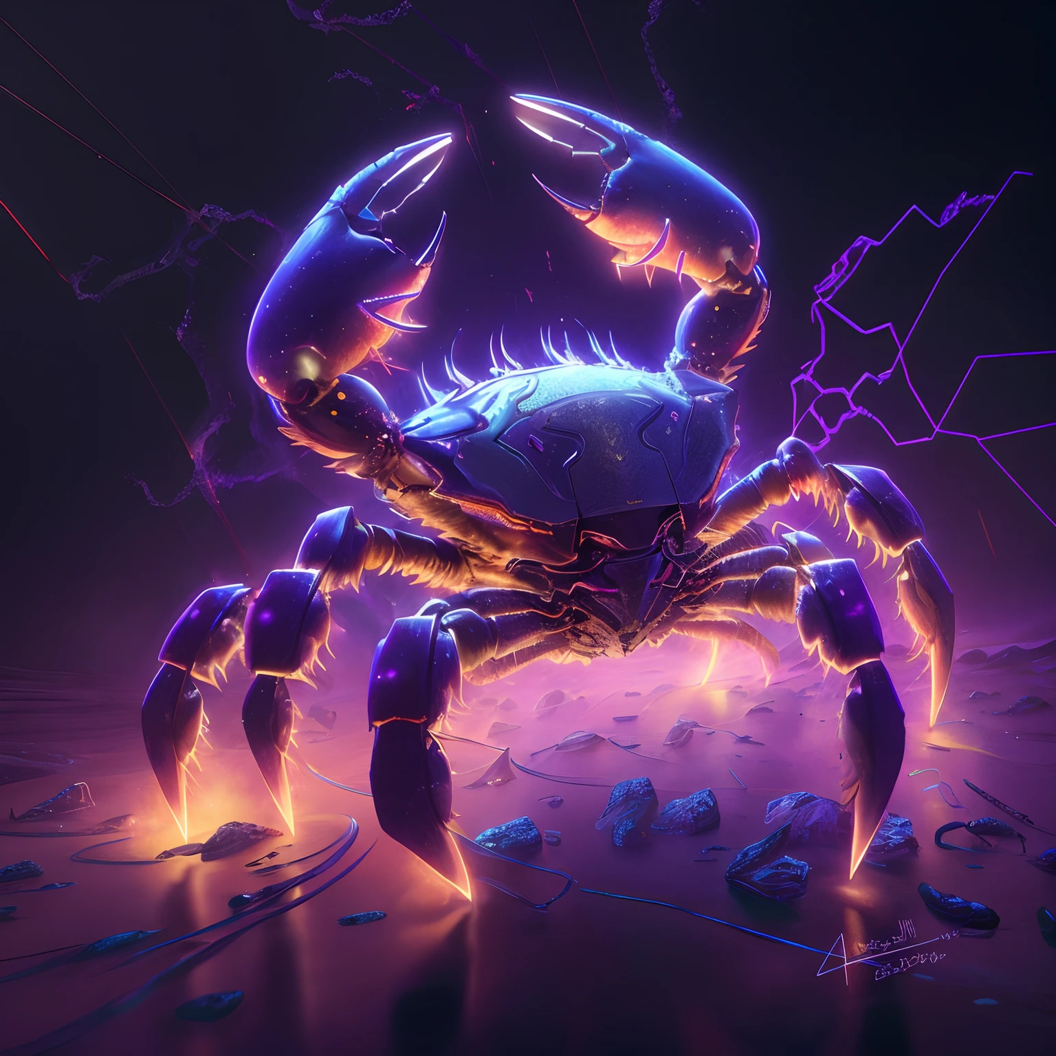 Close-up of a crab,The body glows,The paws glow, 4k highly detailed digital art, 4K detailed digital art, epic digital art illustration, author:Adam Maczynski, 3d render digital art, crab monster, octane. trending on artstationh, 3 d epic illustrations, ultra realistic 3d illustration, epic retrowave art, jen bartel