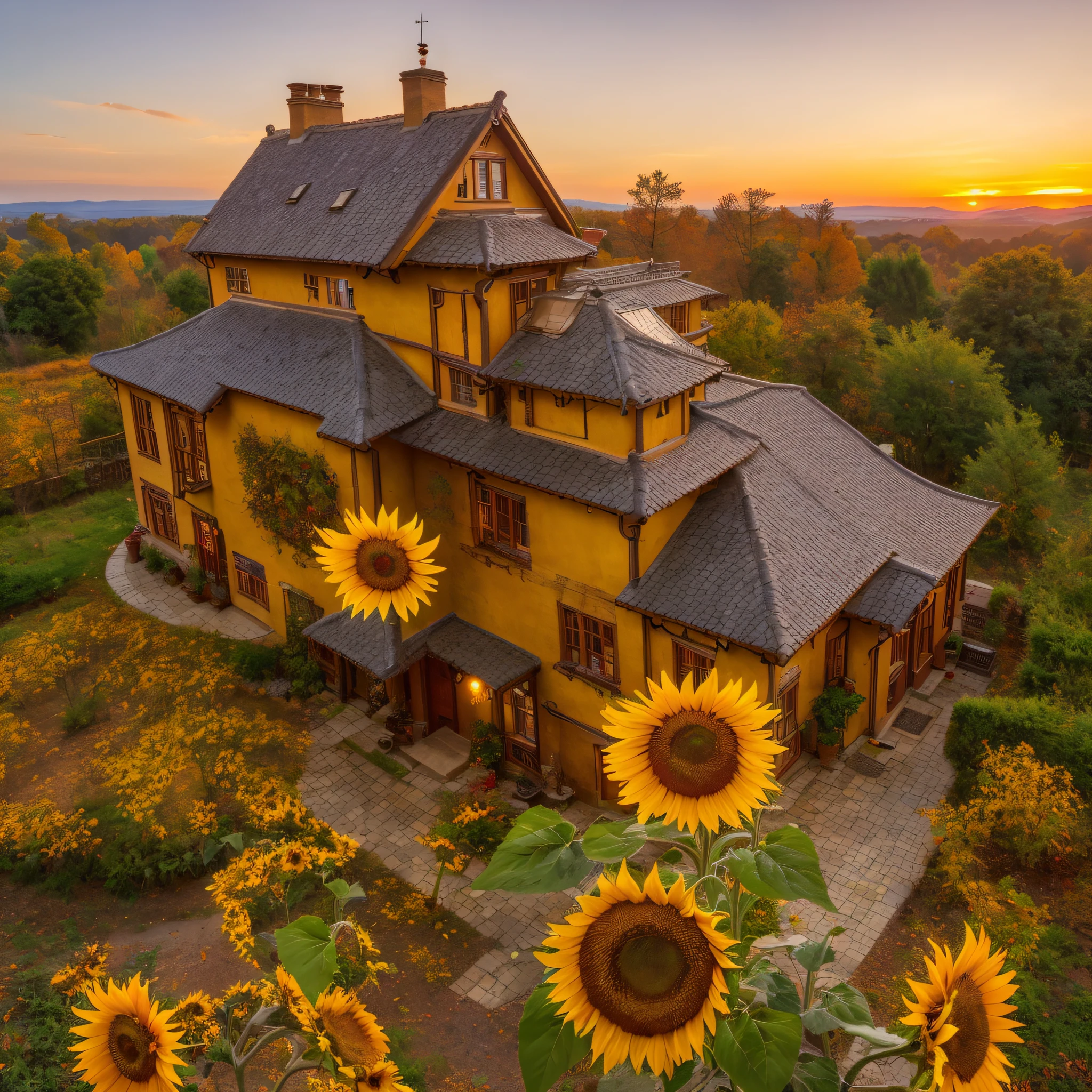 sunflower house, autumn sunrise, Style-Luxury, enchanted, magical, whimsical, (masterpiece:1.1) (best quality) (detailed) (intricate) (8k) (HDR) (cinematic lighting) (sharp focus:1.1)