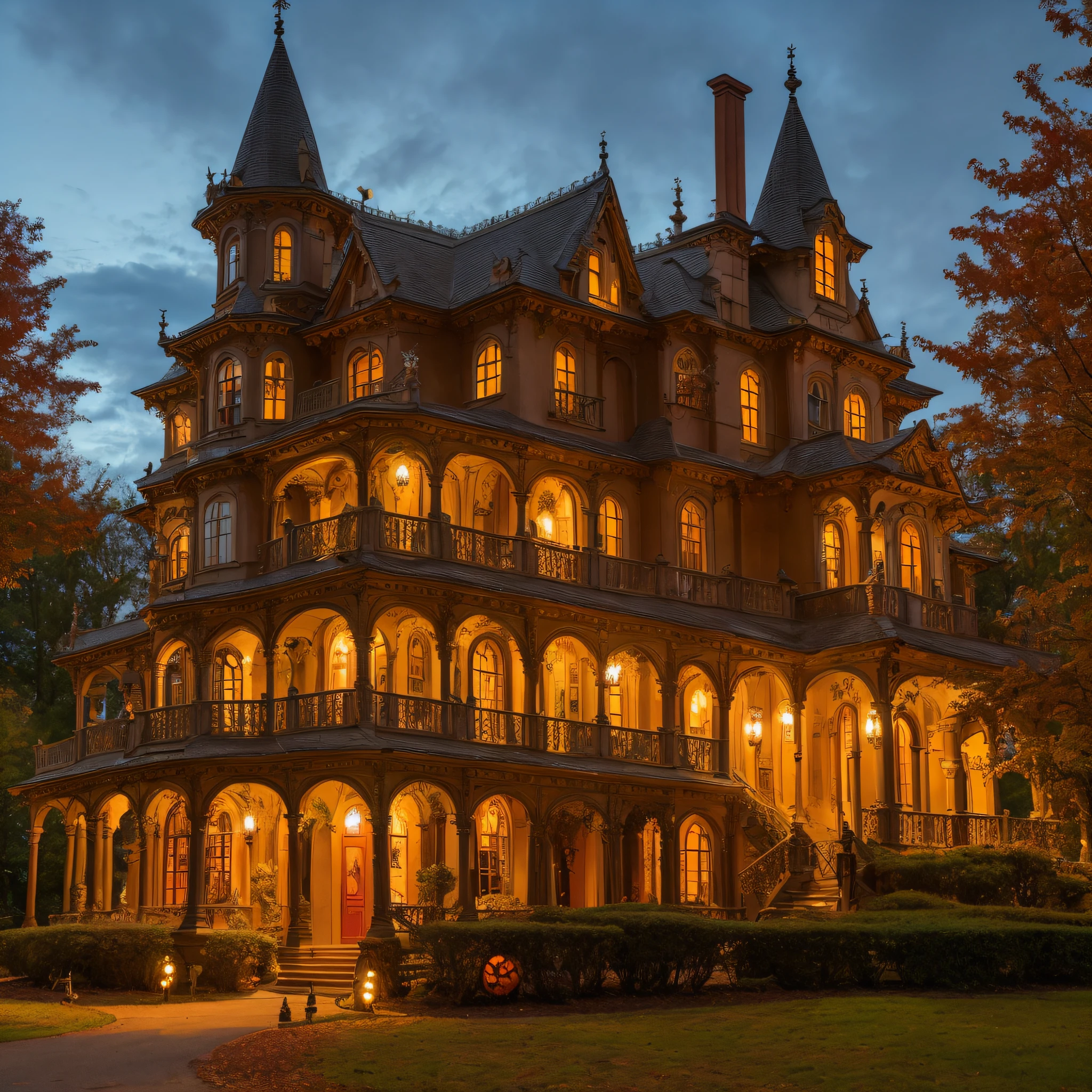 Halloween house, autumn night, Style-Luxury, enchanted, magical, whimsical, (masterpiece:1.1) (best quality) (detailed) (intricate) (8k) (HDR) (cinematic lighting) (sharp focus:1.1)
