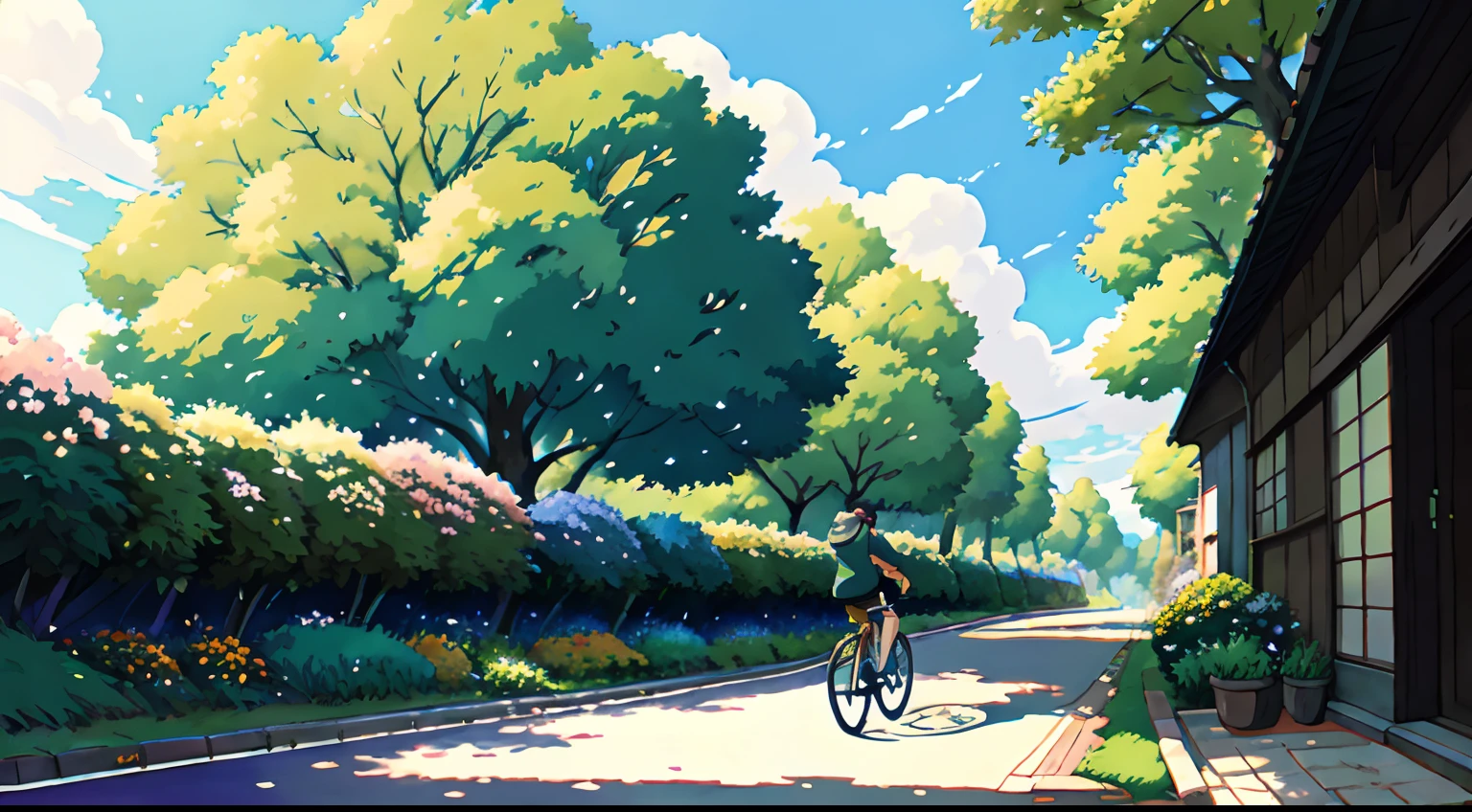 (cycliste seul: 1.5), (Realistic bike: 1.5), (realistic cyclist: 1.5), Plan en gros plan, Le meilleur des meilleurs, automne, feuilles oranges, feuilles roses, Feuilles qui tombent, Landscaped background, ombres, contraste, Makoto Shinkai (beste-Qualit:1.3), (high resolucion:1) Art par Studio Ghibli Style, impressionnisme, couleurs vibrantes