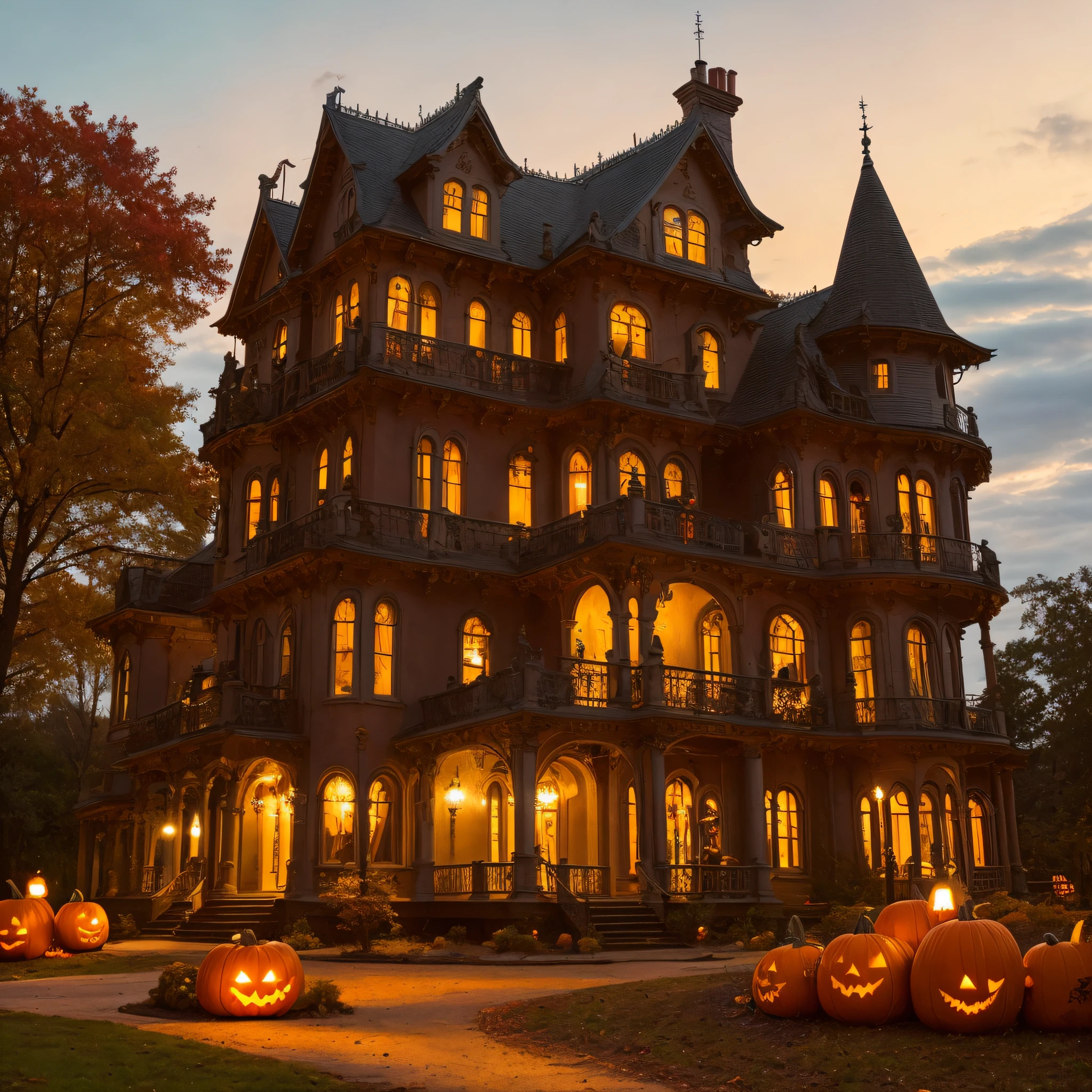Halloween house, autumn night, Style-Luxury, enchanted, magical, whimsical, (masterpiece:1.1) (best quality) (detailed) (intricate) (8k) (HDR) (cinematic lighting) (sharp focus:1.1)