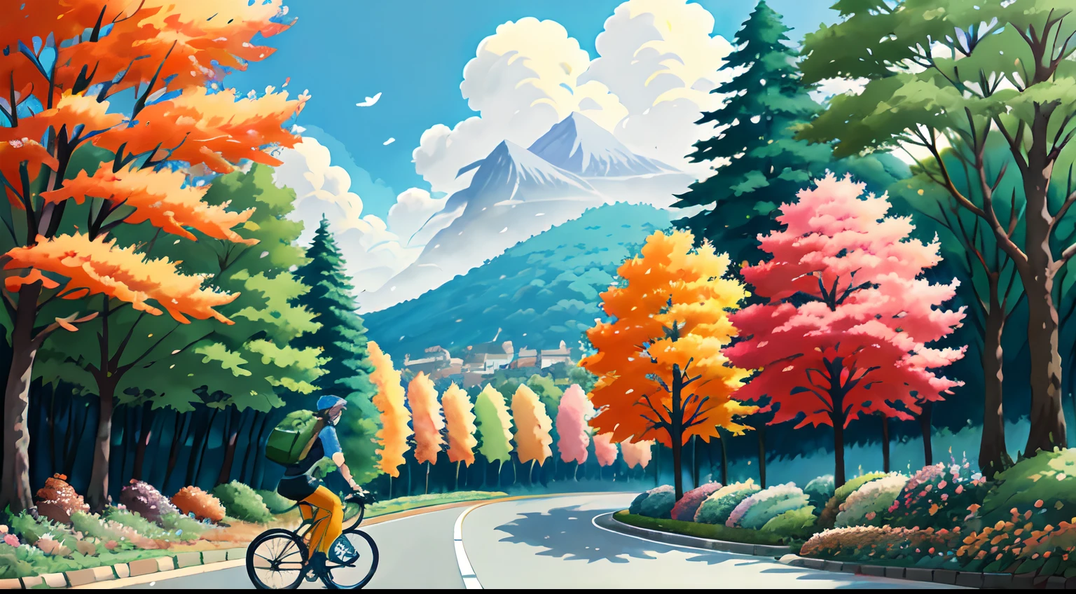 (cycliste seul: 1.5), (Realistic bike: 1.5), (realistic cyclist: 1.5), Plan en gros plan, Le meilleur des meilleurs, automne, Orange leaves, Feuilles qui tombent, Landscaped background, ombres, contraste, Makoto Shinkai (beste-Qualit:1.3), (high resolucion:1) Art par Studio Ghibli Style, impressionnisme, couleurs vibrantes