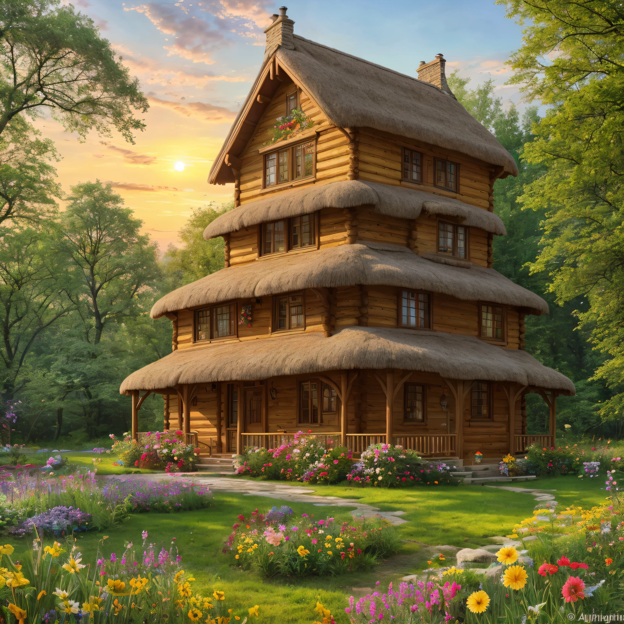 Cottage house, spring sunrise, flowers, enchanted, magical, whimsical, glimmering, (masterpiece:1.1) (best quality) (detailed) (intricate) (8k) (HDR) (cinematic lighting) (sharp focus:1.1)