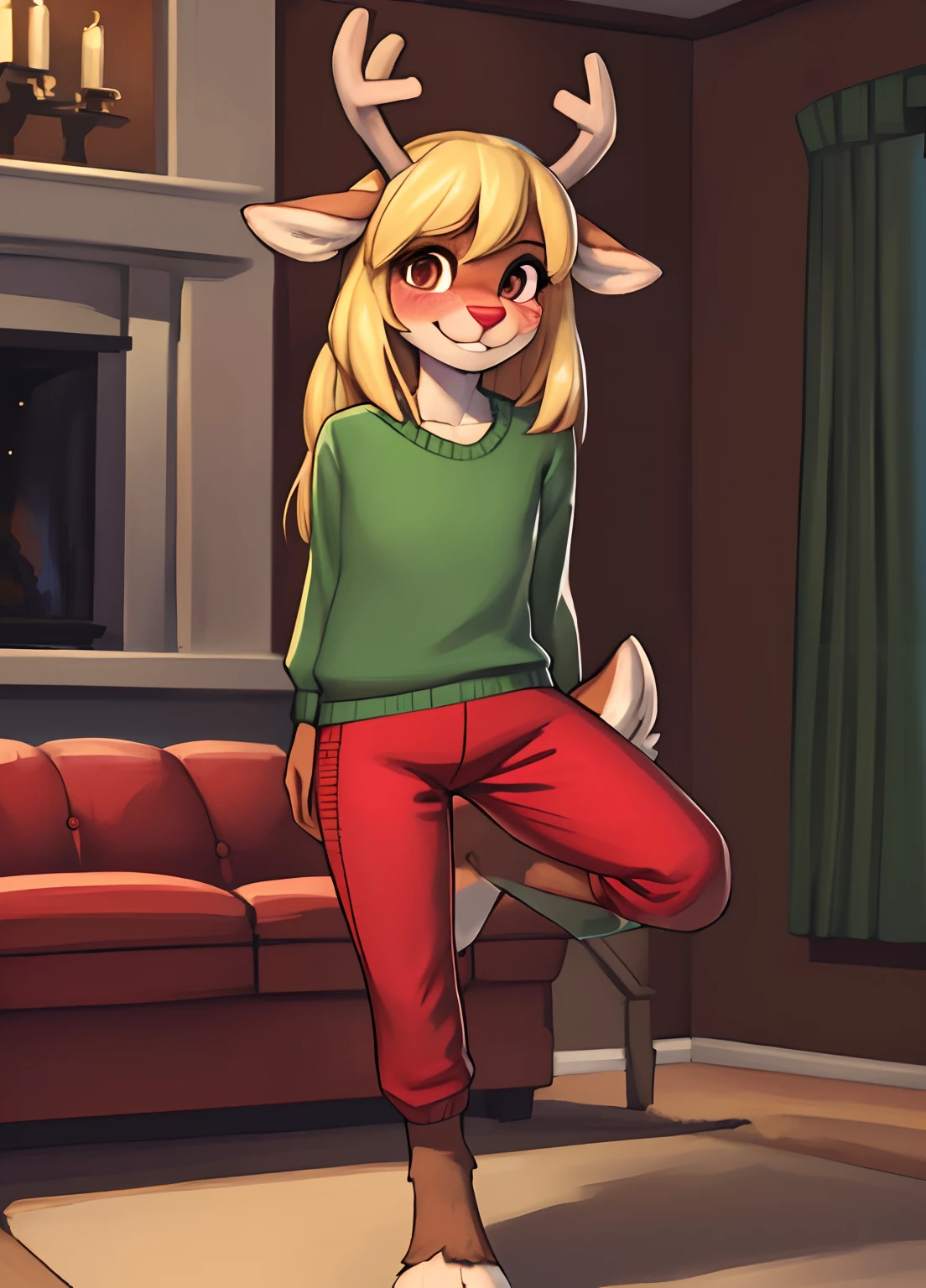 [noelleholiday], [Deltarune], [Uploaded to e621.net; (Pixelsketcher), (wamudraws), (woolrool)], ((masterpiece)), ((HD)), ((high quality)), ((solo portrait)), ((front view)), ((feet visible)), ((furry; anthro)), ((detailed fur)), ((detailed shading)), ((beautiful render art)), ((intricate details)), {anthro deer; (slim body), brown fur, red nose, brown eyebrows, cute brown eyes, (short eyelashes), (deer antlers), cute smile, (blushing), long blonde hair, short fluffy tail, (beautiful defined legs), (beautiful black hooves)}, {(green tee shirt), (red spandex yoga pants)}, {(standing), (pigeon-toed), (looking at viewer)}, [background; (living room), (fireplace), (christmas decorations), (window), (snow in window), (starry sky)]