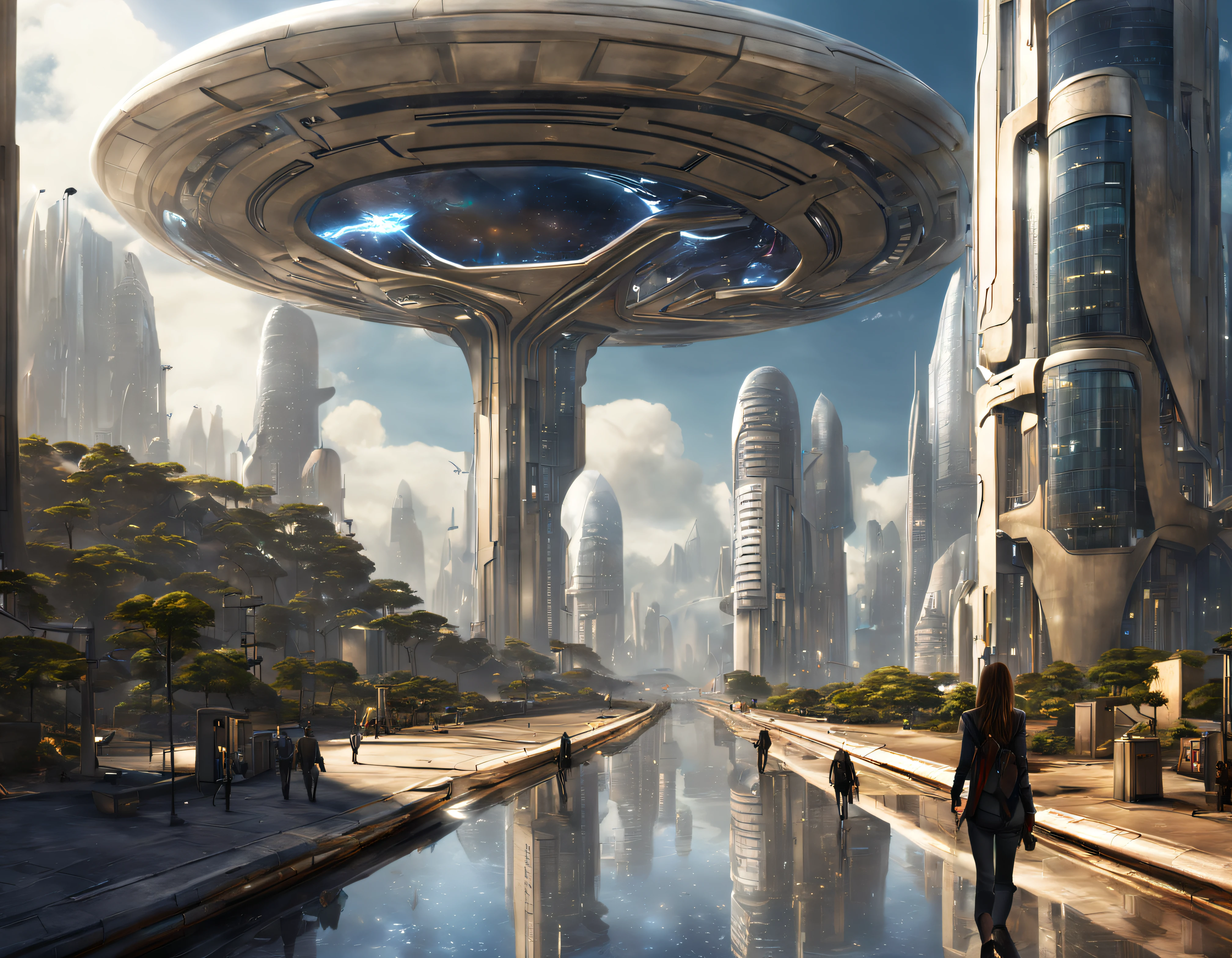 On an unknown planet there is a futuristic city with immense buildings of technological design que forman una infinita avenida, con estructuras acristaladas en plata, oro y bronce espectaculares en la que sobrevive un robot femenino espectacular. con colores vivos. pavimento ensolado. gente paseando. cierto aire a coruscant.