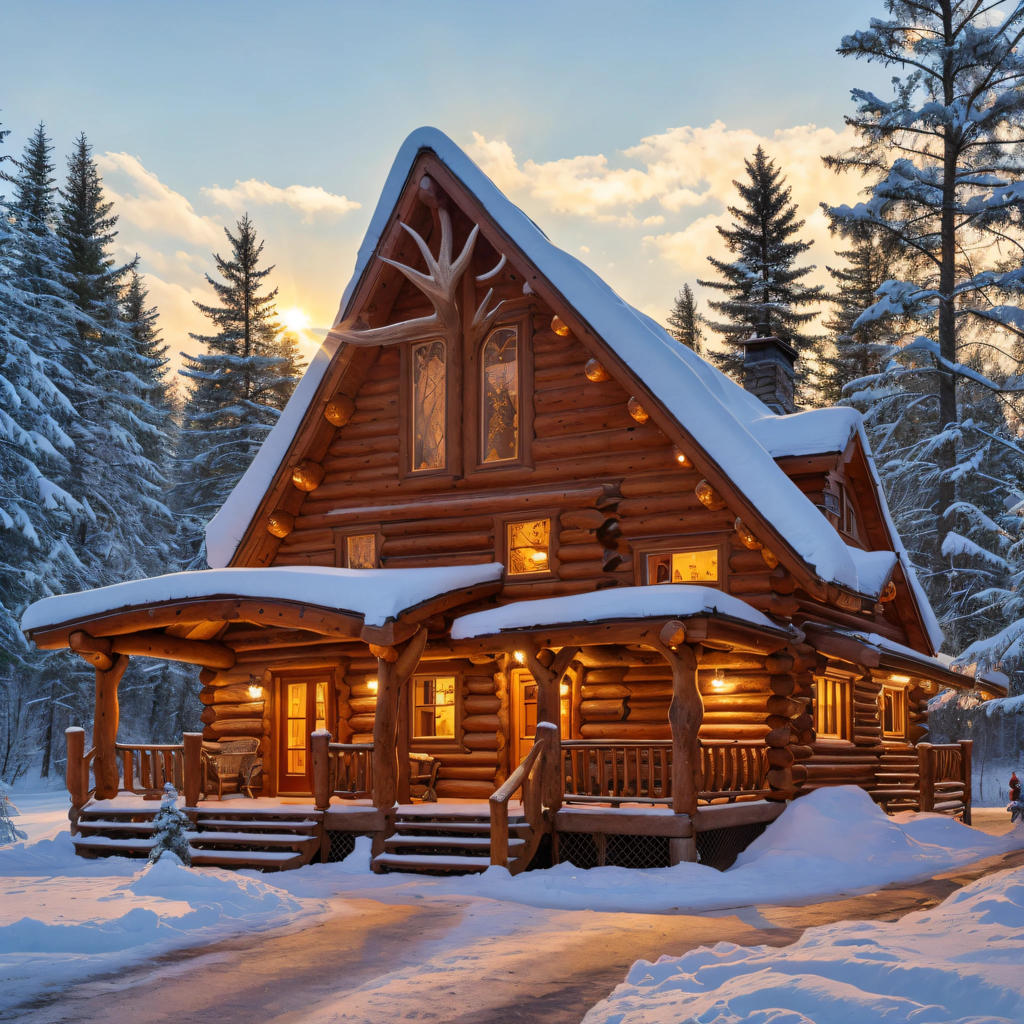 Antler cabin, winter sunrays, Style-Luxury, enchanted, magical, whimsical, (masterpiece:1.1) (best quality) (detailed) (intricate) (8k) (HDR) (cinematic lighting) (sharp focus:1.1)