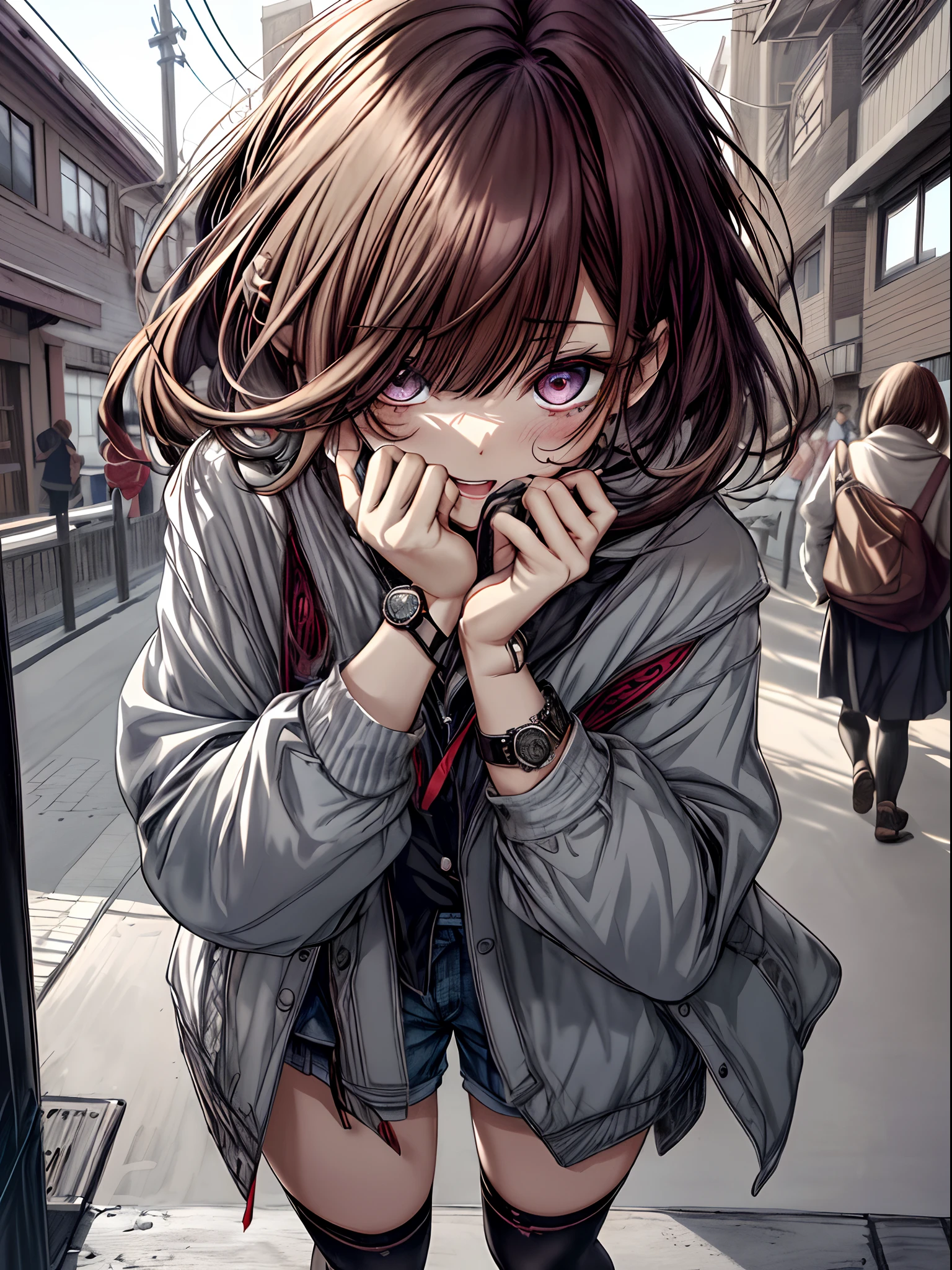 school buildings、Watches、🕰️、clocktower、Full body、long、adult lady、Brown hair、Ordinary clothes、Casual clothing、Ahegao ( Silly / Sexual ecstasy)、Cross-eyed、Stranger、View other people、Blunt bangs、 over-kneehighs,Ahegao , Silly,Sexual ecstasy,Drunken eyes,Blunt bangs,,(masutepiece:1.2, Best Quality), (finely detailed beautiful eye: 1.2), (Detailed background,Dark Fantasy), (beautifull detailed face), High contrast, (Best Illumination, extremely delicate and beautiful), ((Cinematic Light)), Colorful, Hyper Detail, Dramatic light, Intricate details,