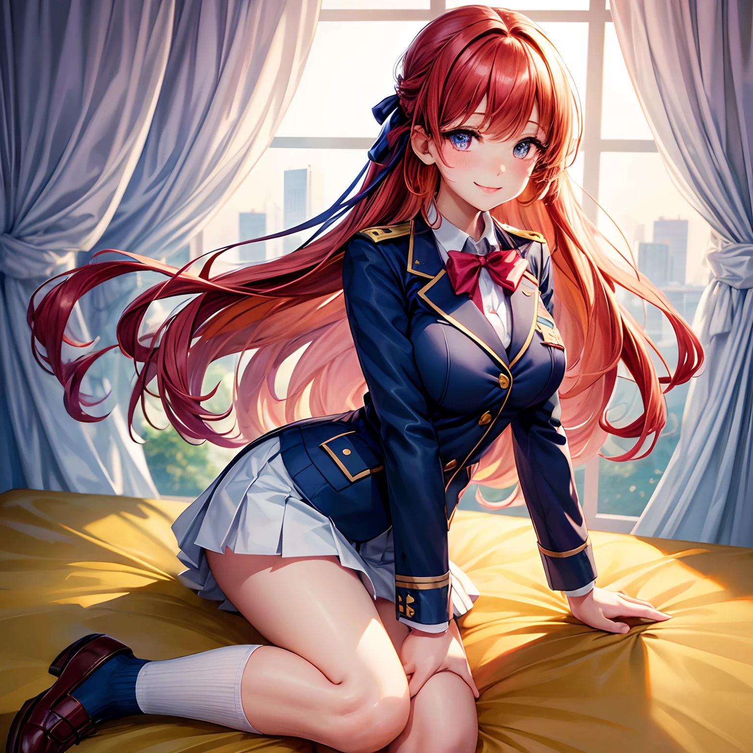 a beauty girl，Ribbon on uniform，Cute Uniform，blazers，A smile，girl，top-quality，Colossal tits，​masterpiece，Excellent style，Erotic Cute，超A high resolution，beautiful a girl，Lovely girl，multicolored hair，Loose socks，HD image quality，Beautiful eyes，Perfect Beautiful Girl，