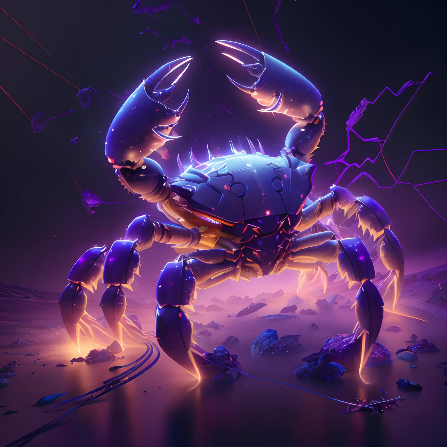 Close-up of crabs,The body glows,The paws glow, 4k highly detailed digital art, 4K detailed digital art, epic digital art illustration, author:Adam Maczynski, 3d render digital art, crab monster, octane. trending on artstationh, 3 d epic illustrations, ultra realistic 3d illustration, epic retrowave art, There is a large crab in the middle of Jane Bartel's space, amazing space creature 4 k, lolth, epic fantasy sci fi illustration, cosmic horror concept art, Purple crab on purple background and purple background, 3 d render stylized, 3 d rendered in octane, 3d rendered in octane, anthropomorphic crab, rendered in cinema 4 d octane, depicted as a 3 d render,Crab creatures, rendered in octane 3d, Rendered in Cinema4D, rendered in cinema 4 d
