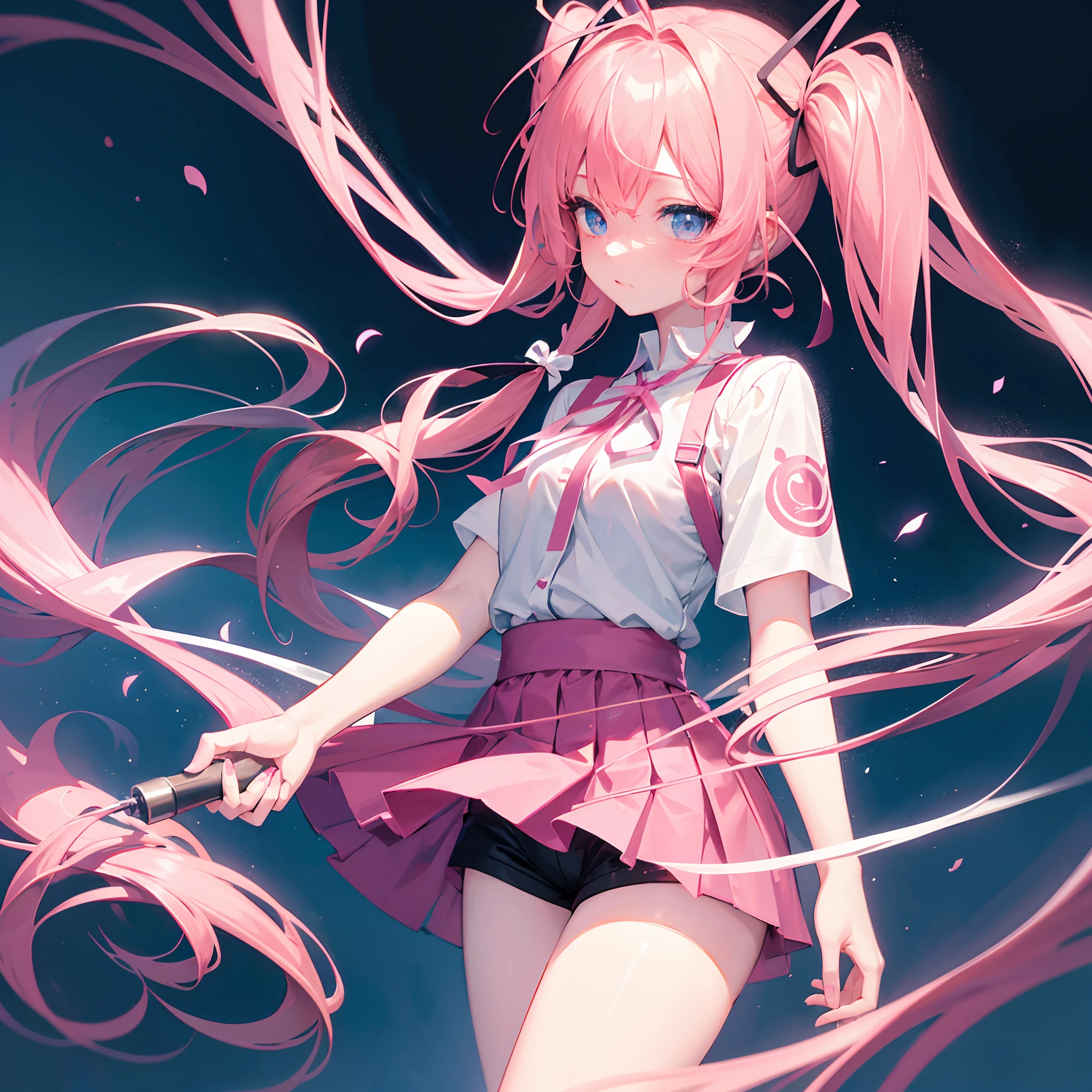 (masterpiece)high quality,top quality,64k,high detail,anime girl,long pink hair tied into twin tails with pink highlights,blue eyes,wearing a plain white shirt,ribbon,short black shorts,neon light background