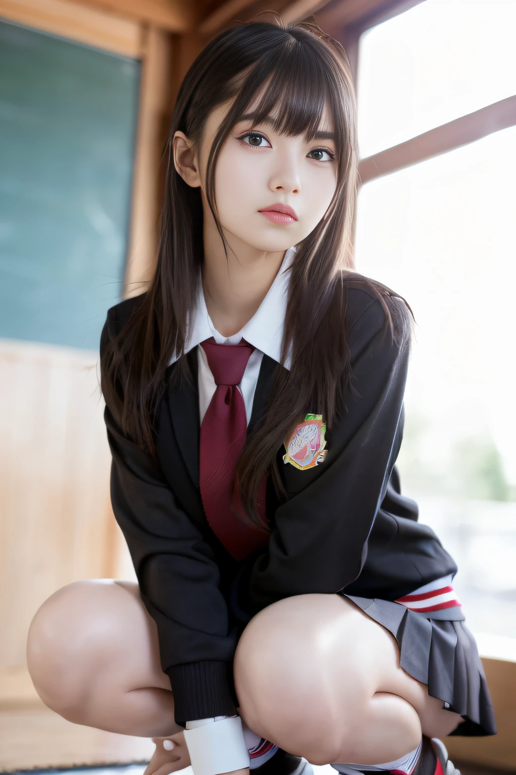 (masutepiece, Best Quality, photographrealistic:1.4), (nffsw, Raw photo, 8K Wallpaper, High resolution), (Shiny skin), Award-winning, Cinematic lighting, Physically-based rendering, Textured skin, extra detailed face, (extremely detailed eye), Carl Zeiss 300mm F/2.8, (Solo, 1 girl), BREAK, Very cute 16 year old schoolgirl, Nogizaka Idol, K-pop idol, Shiny straight black hair, Medium Bob Cut, Bangs, medium breasts, thick thighs, (Squatting, Hug your knees with your arms), Wearing a Japan uniform, (School Blazer Jacket:1.3), (collared white shirt, School Ribbon, Pleated skirt, Shorts, Loose socks, lowfers), BREAK, In the outfield, (Close Shot, View from the front, View from below), bokeh on background,