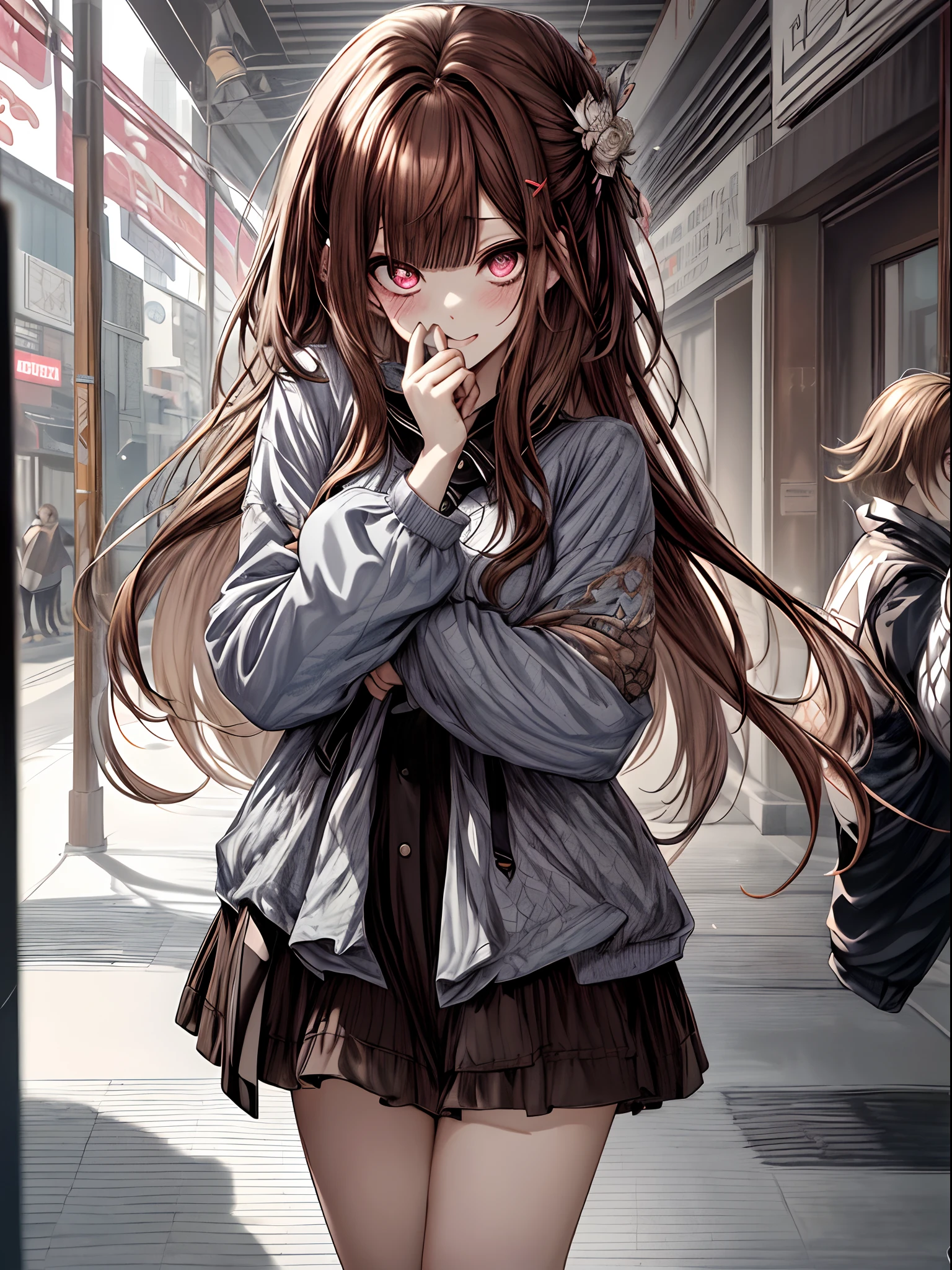 dishevled hair、Hair in motion、、Full body、long、adult lady、Brown hair、Ordinary clothes、Casual clothing、Ahegao ( Silly / Sexual ecstasy)、Cross-eyed、Stranger、View other people、Blunt bangs、 over-kneehighs,Ahegao , Silly,Sexual ecstasy,Drunken eyes,Blunt bangs,,(masutepiece:1.2, Best Quality), (finely detailed beautiful eye: 1.2), (Detailed background,Dark Fantasy), (beautifull detailed face), High contrast, (Best Illumination, extremely delicate and beautiful), ((Cinematic Light)), Colorful, Hyper Detail, Dramatic light, Intricate details,