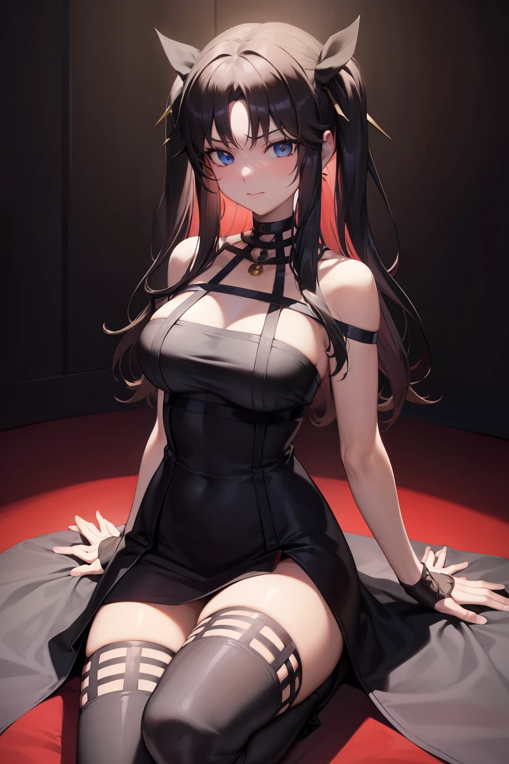 Rin Tohsaka, Rin Tohsaka, aqua eyes, Black hair, Hair Ribbon, Long hair, bow ribbon, (side locks:1.3), (black thighhighs:1.3), looking at the viewers, BREAK (masutepiece:1.2), Best Quality, High resolution, Unity 8k壁纸, (Illustration:0.8), (Beautiful detailed eyes:1.6), extra detailed face, Perfect Lighting, extremely details CG, (Perfect hands, Perfect Anatomy),、absurderes、Black Dress、black thighhighs、Fingerless gloves、cleavage of the breast、plein air、a smile、Throat and face