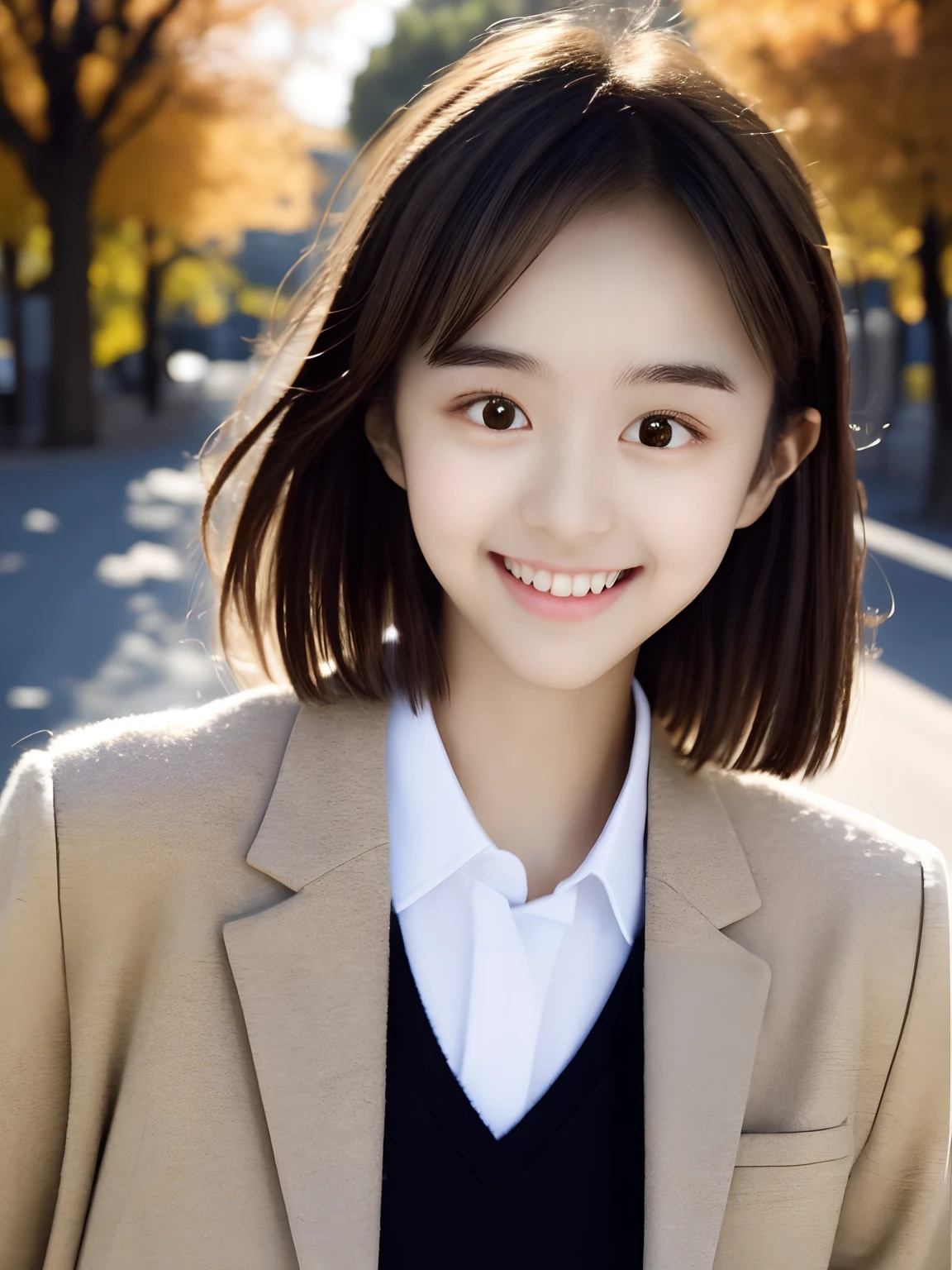Best Quality, 1 girl, 18 years old, Brown hair, Waist Hair, 3/4 Bangs, Red tie,, Lever plaid pleated skirt, girl, School, Black Calf Socks, Leather shoes, Busy street at night、((top-quality、8K、masterpiece:1.3))、foco nítido:1.2、(natural soft light、Autumn ginkgo tree-lined walkway:1.1)、18year old、Highly detailed facial and skin texture、A detailed eye、二重まぶた、1girl in、独奏、Young Japan girl、(Japanese high school girls uniform、White zipper hoodie:1.2)、kawaii、Girly、6Head and body、smallunderboob、Transparency、Suppin Makeup、A dark-haired、(short-cut、sense of touch:1.3)、Shine in the eyes、Cool eyes、realistic face and skin texture、(Brown Pumps:1.2)、Standing, Full body photo, Drawing configuration、A slight smil