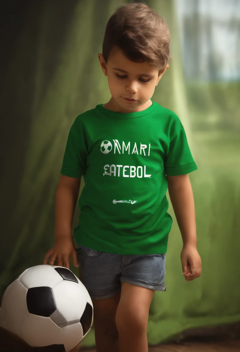 A little boy is watching a football match on TV. His t-shirt is green. The name Omar is written on the t-shirt and the number of the t-shirt is 2.