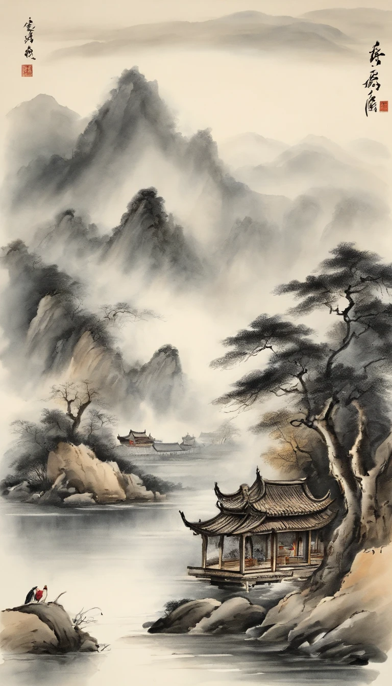 Chinese landscape painting,ink and watercolor painting,water ink,ink,Smudge,Faraway view,Ultra-wide viewing angle,Meticulous,Light boat in the distance,Faraway view,Meticulous,Smudge,low-saturation,Low contrast,The light boat has crossed the Ten Thousand Heavy Mountains,Beautifully depicted,A detailed,acurate,Works of masters,tmasterpiece