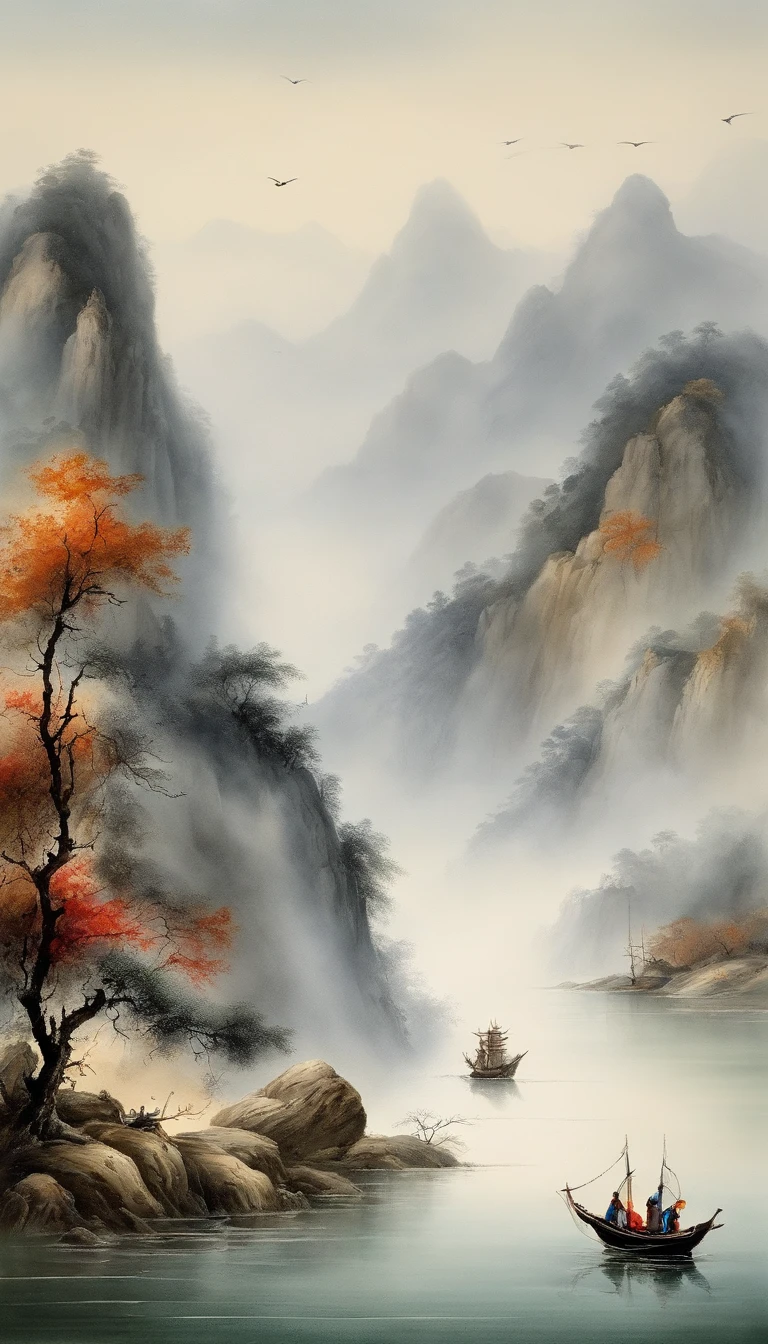 Chinese landscape painting,ink and watercolor painting,water ink,ink,Smudge,Faraway view,Ultra-wide viewing angle,Meticulous,Light boat in the distance,Faraway view,Meticulous,Smudge,low-saturation,Low contrast,The light boat has crossed the Ten Thousand Heavy Mountains,Beautifully depicted,A detailed,acurate,Works of masters,tmasterpiece