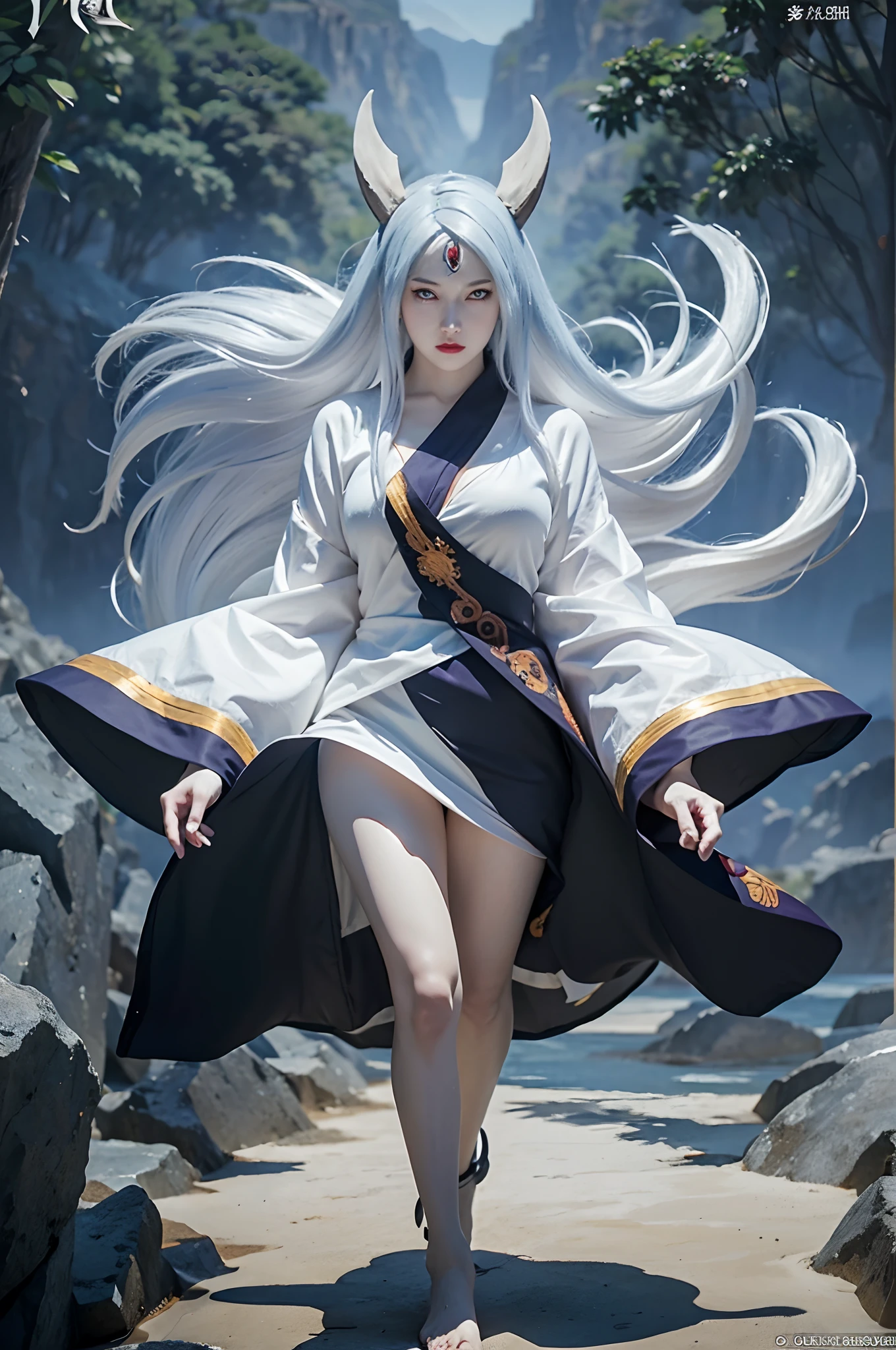 a girl with horns and a white robe showing breasts walking in the water, cleavage, kaguya otsusuki, white haired god, white skin color, white colored skin, white colored body skin, onmyoji, onmyoji detail art, onmyoji portrait, anime epic artwork, works anime fantasy art, anime fantasy illustration, anime art, advanced digital anime art, digital anime art, anime artwork, 4k anime style, anime style artwork, anime style digital art, anime character art, kaguya otsusuki from naruto