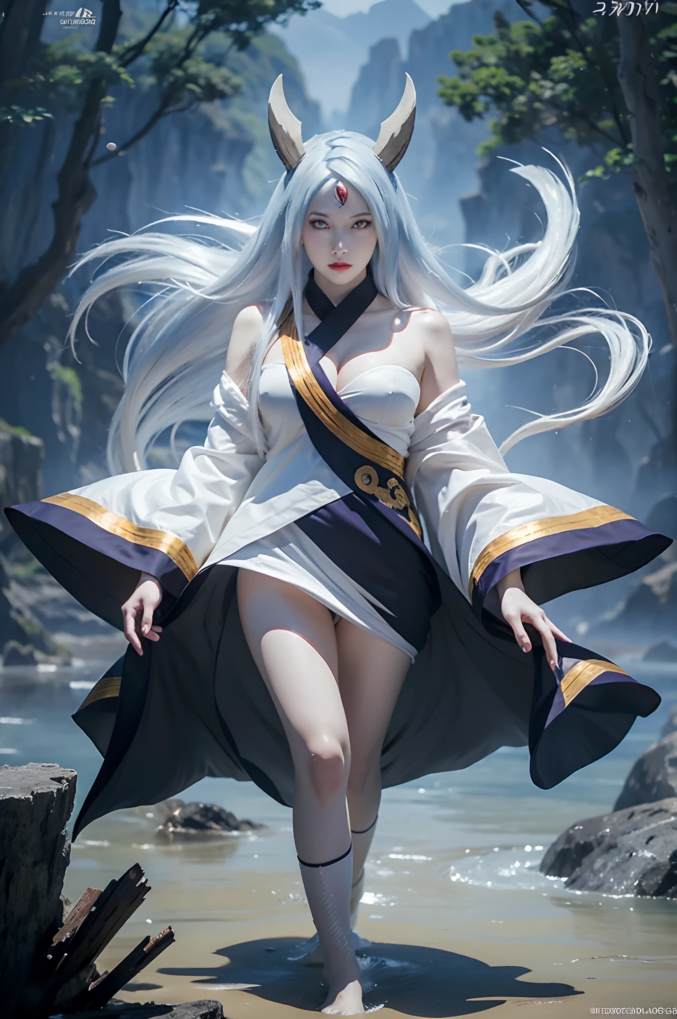 a girl with horns and a white robe showing breasts walking in the water, cleavage, kaguya otsusuki, white haired god, white skin color, white colored skin, white colored body skin, onmyoji, onmyoji detail art, onmyoji portrait, anime epic artwork, works anime fantasy art, anime fantasy illustration, anime art, advanced digital anime art, digital anime art, anime artwork, 4k anime style, anime style artwork, anime style digital art, anime character art, kaguya otsusuki from naruto