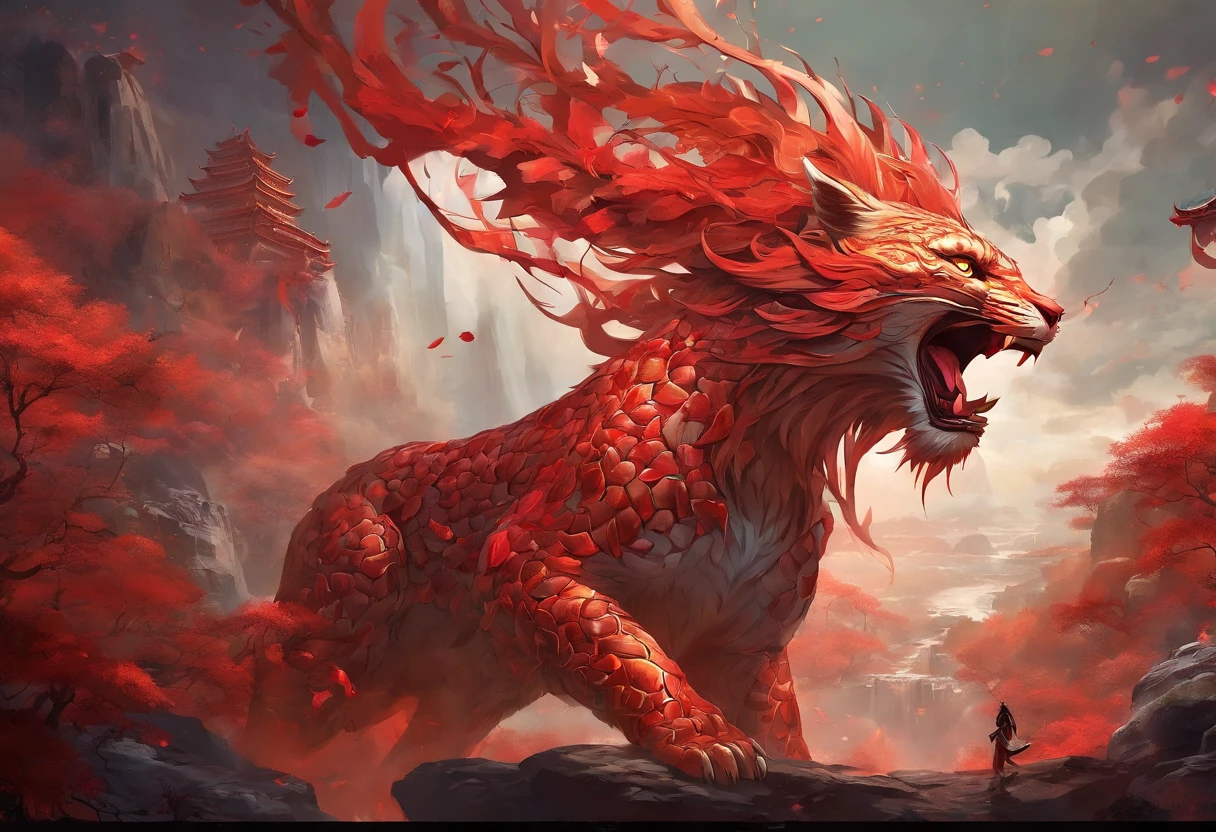 (Best quality,tmasterpiece, iintricate,hyper-detailing,extremely detailed CG unity wallpaper) ,A kind of monster in the mythology of the ancient Chinese book of the Classic of Mountains and Seas,Great Wilderness East Meridian,A mythical beast in Chinese mythology,(((Shaped like a red snow leopard,Huge and powerful。It has a majestic body and sharp claws,The whole body is covered with fur red as blood,The forehead has a sharp horn,It has five tails behind it))),And both eyes radiate lightning,Surrounded by lightning,White clouds surround,Dreamland Wonderland、Genting Heavenly Palace,The peaks are steep,Strange rocks,fanciful,ogre、fang、Riding,Faraway view,(Best quality,tmasterpiece, iintricate,hyper-detailing,RAW photo,8K,hyper HD,超高分辨率,extremely detailed CG unity wallpaper,Chinese colors,The color is bright,brightly,Traditional Chinese elements,((Ancient murals)),legendary,Dappled light,Hazy haze,mystical aura,tmasterpiece,k hd,Rich in color,Detailed details,Colorful colors)