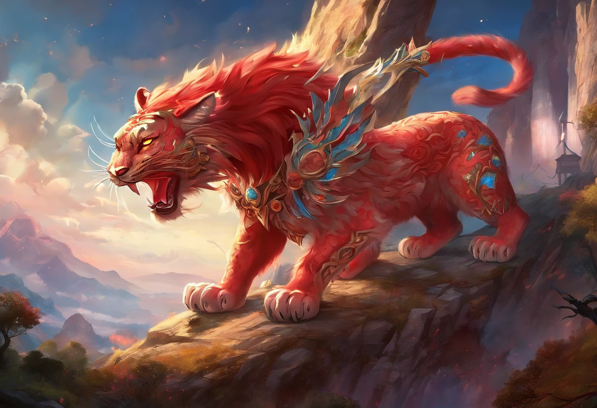 (Best quality,tmasterpiece, iintricate,hyper-detailing,extremely detailed CG unity wallpaper) ,A kind of monster in the mythology of the ancient Chinese book of the Classic of Mountains and Seas,Great Wilderness East Meridian,A mythical beast in Chinese mythology,(((Shaped like a red snow leopard,Huge and powerful。It has a majestic body and sharp claws,The whole body is covered with fur red as blood,The forehead has a sharp horn,It has five tails behind it))),And both eyes radiate lightning,Surrounded by lightning,White clouds surround,Dreamland Wonderland、Genting Heavenly Palace,The peaks are steep,Strange rocks,fanciful,ogre、fang、Riding,Faraway view,(Best quality,tmasterpiece, iintricate,hyper-detailing,RAW photo,8K,hyper HD,超高分辨率,extremely detailed CG unity wallpaper,Chinese colors,The color is bright,brightly,Traditional Chinese elements,((Ancient murals)),legendary,Dappled light,Hazy haze,mystical aura,tmasterpiece,k hd,Rich in color,Detailed details,Colorful colors)