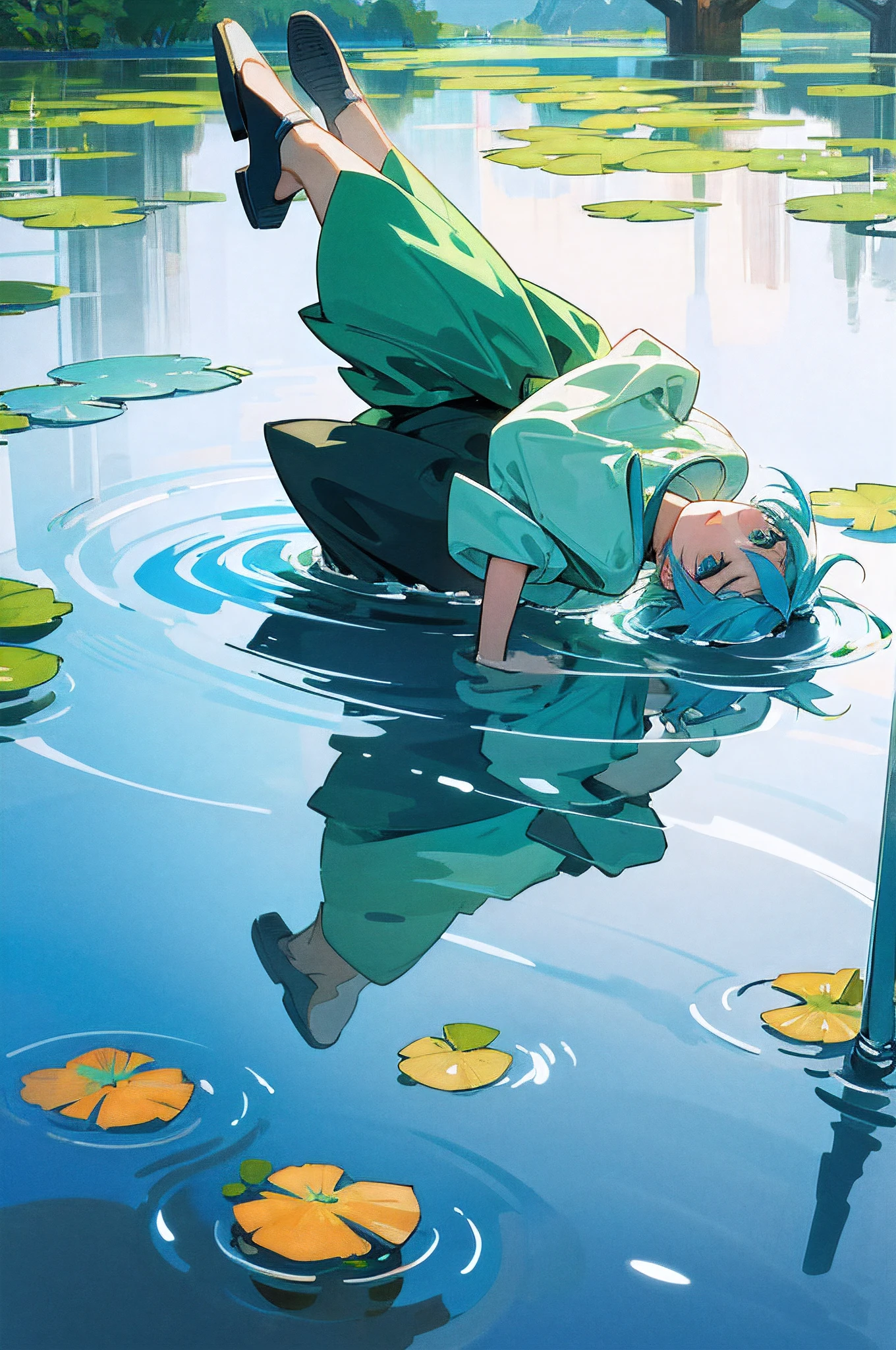 ponds， playing in the water，8k，Mirror-like reflection，blue hairs，Green hair，gradient color hair，having fun
