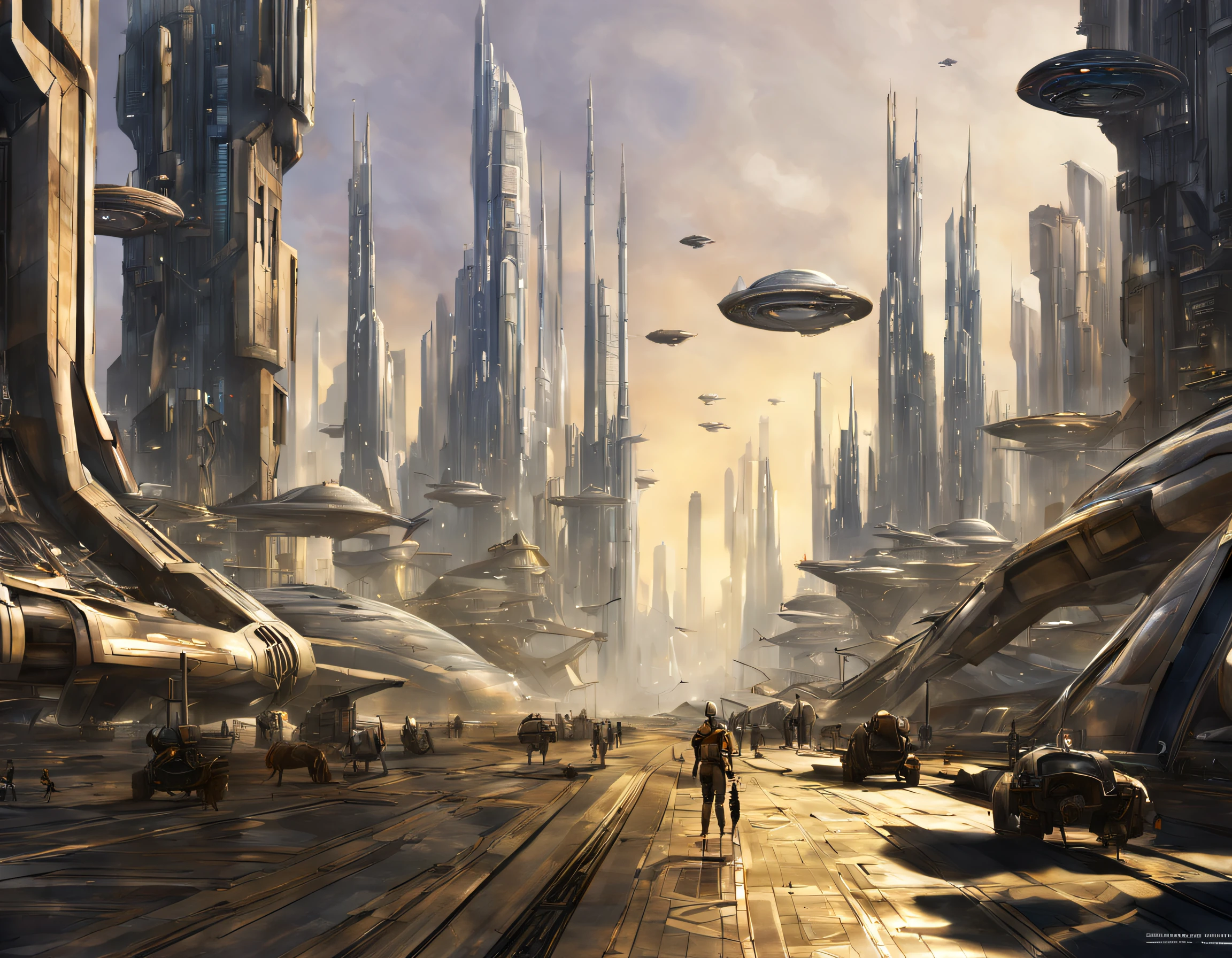 On an unknown planet there is a futuristic city with immense buildings of technological design que forman una infinita avenida, con estructuras acristaladas en plata, oro y bronce espectaculares en la que sobrevive un robot femenino espectacular. con colores vivos. pavimento ensolado. gente paseando. cierto aire a coruscant.