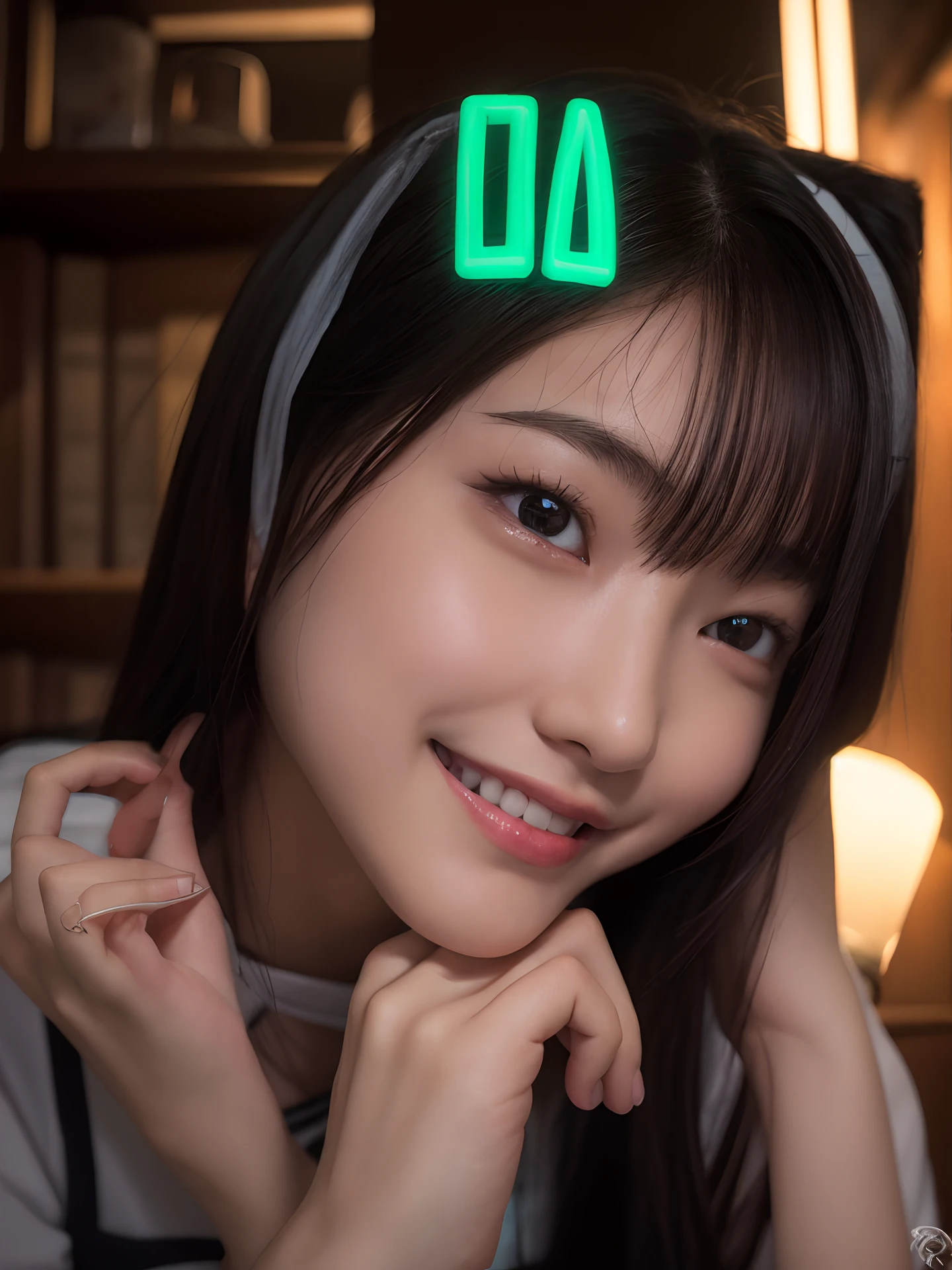 masterpiece, best quality, 8k, , teenw photo, absurdres, award winning portrait, smile, smile, solo, night, neon, idol face, violaceaess, gardeniass, delicate girl, upper body, DSLR, looking at viewer, candid, sophisticated, youthful, thin arms, professional lighting, film grain, chromatic aberration, (detailed eyes and face:1.0), (bokeh:1.1)