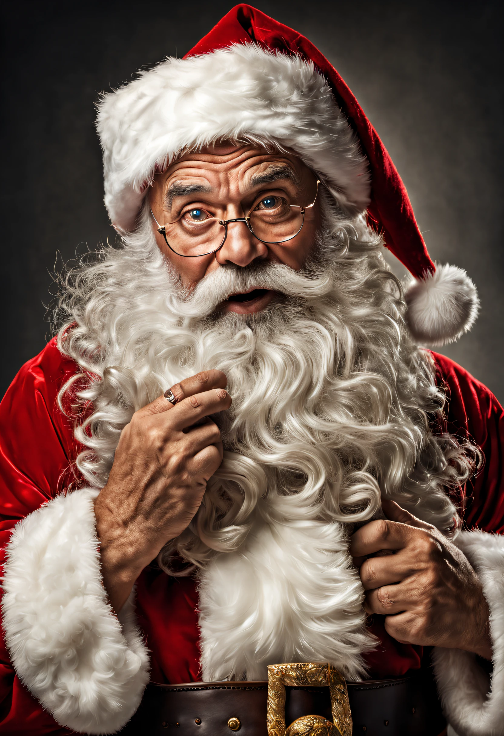 Hyper-detailed photograph of a captivating full-length portrait of Santa Claus, wise and experienced, rough expression telling stories of countless journeys (facing viewer: 1.2), (sharp focus, hyper-detailed, highly complex: 1.20), (natural lighting: 1.2), extremely high resolution details, photorealistic,