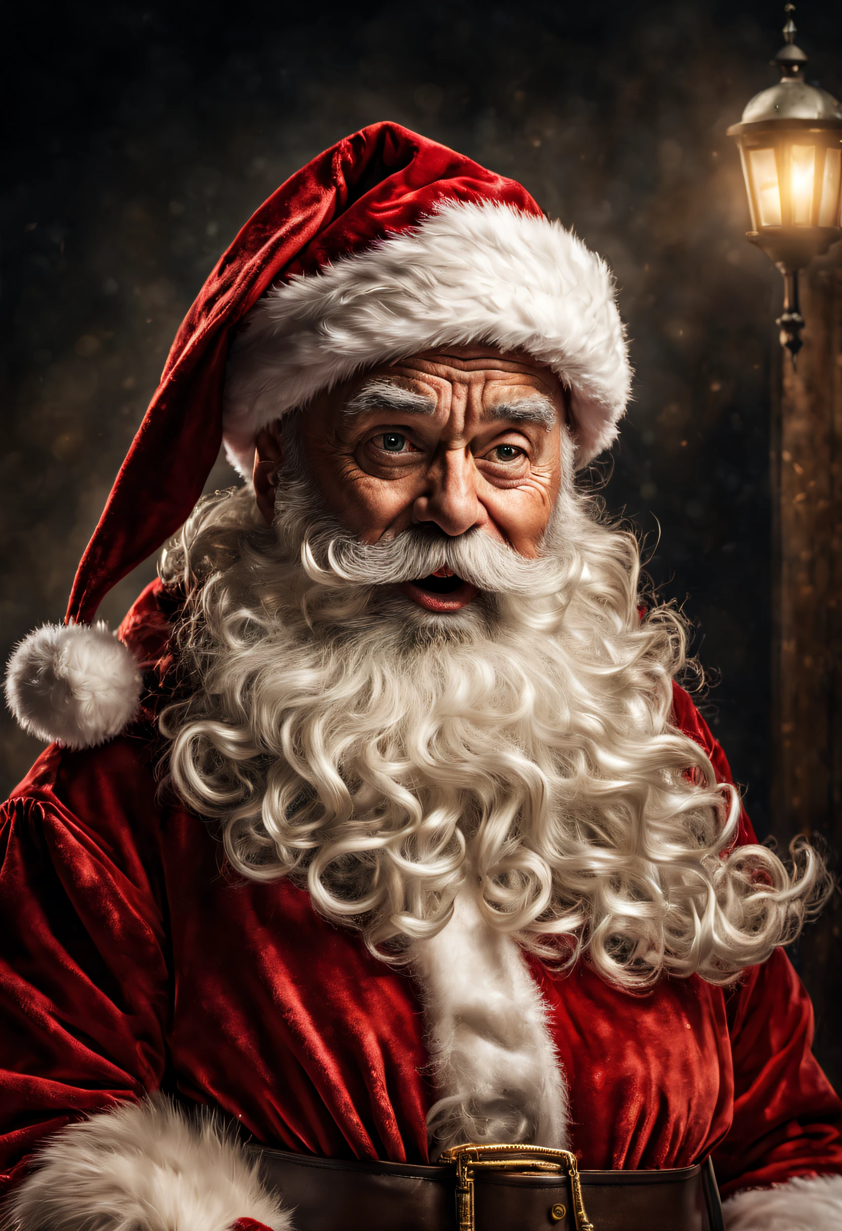 Hyper-detailed photograph of a captivating full-length portrait of Santa Claus, wise and experienced, rough expression telling stories of countless journeys (facing viewer: 1.2), (sharp focus, hyper-detailed, highly complex: 1.20), (natural lighting: 1.2), extremely high resolution details, photorealistic,