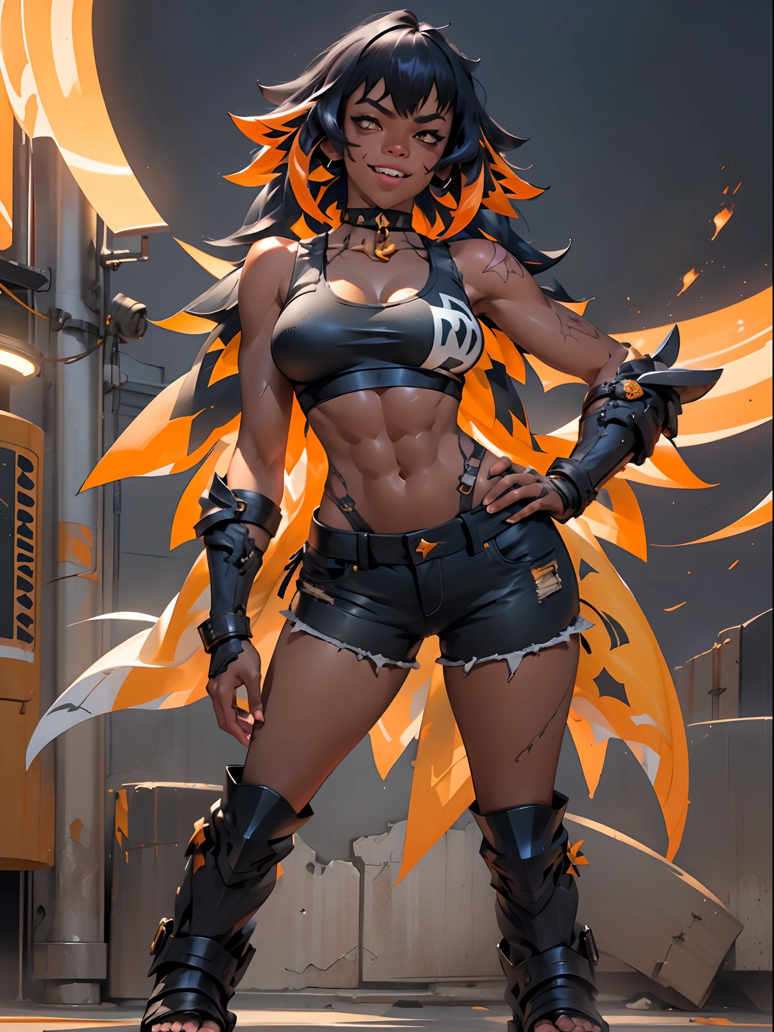 (Masterpiece, best quality:1.2), (highres, ultra-detailed), (absurdres, perfect anatomy), 1girl, solo, , anihh, slit pupils, dark-skinned female, black hair, orange colored inner hair, scar, fangs, black choker, hands on hips, outdoors, open vest, black loose t-shirt, black shorts, fingerless gloves, muscular, (covered (navel:0.5)) , full body flipflops,(icone de um jogo), (icone de peitoral : 1.5), um peitoral , peitoral marrom, chest plate, peitoral pesada marrom, peitoral grosso, peitoral de Armadura intrincada, peitoral de armadura de fantasia pesada, peitoral detalhado, armadura ornamentada, peitoral de Armadura Paladina, peitoral dearmadura de batalha, intrincada peitoral, smile, full body