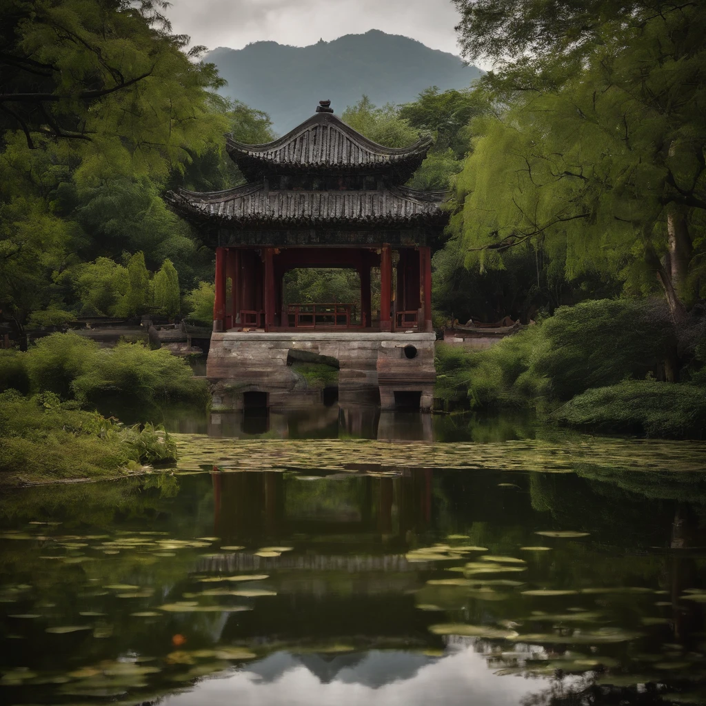 It depicts a beautiful West Lake and a green field.On one side of the lake are towering peaks，A little boy sat in the pavilion, On the other side is a dense forest.The whole picture is vividly colored、Fresh and natural，4k画质，oil painted。