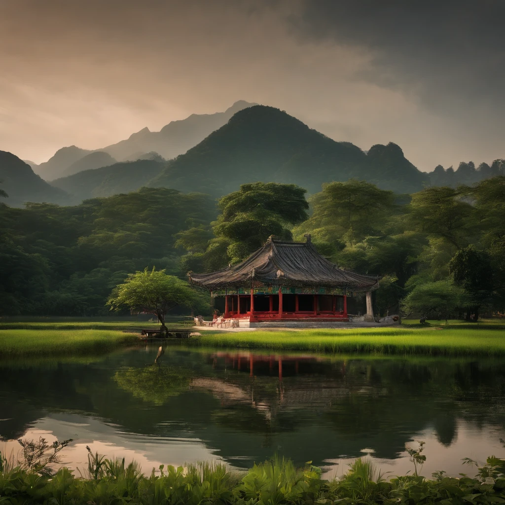 It depicts a beautiful West Lake and a green field.On one side of the lake are towering peaks,A sat in the pavilion, On the other side is a dense forest.The whole picture is vividly colored、Fresh and natural,4k画质,oil painted。