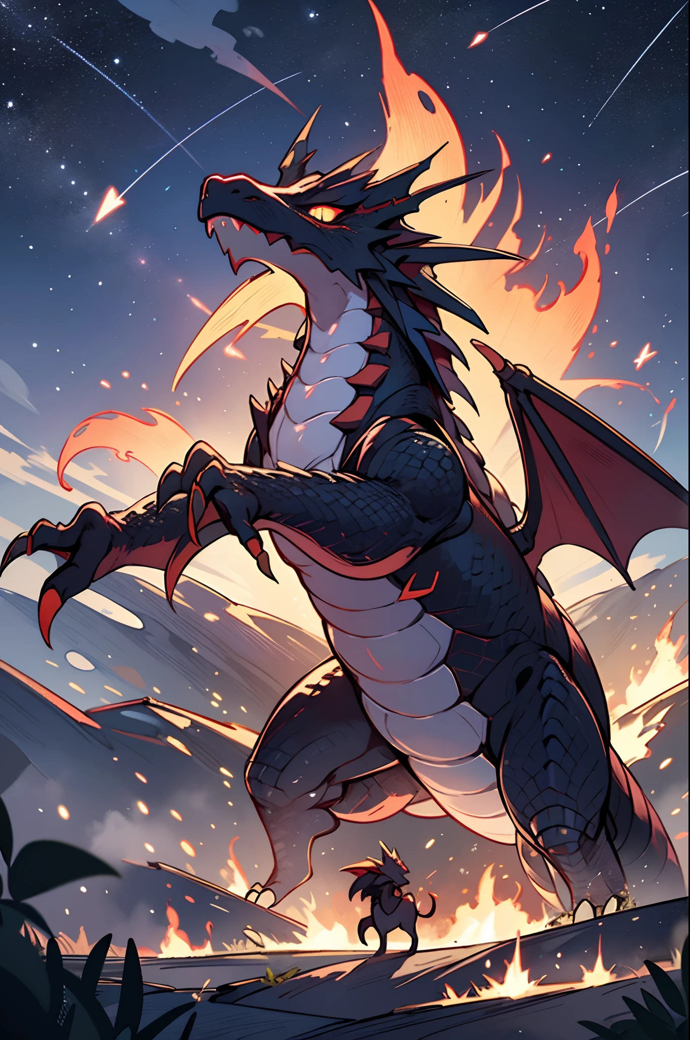 1 Black wywern, best quality, Masterpiece, Dragon wings, Dragon horns, scales, claws, Blue eyes, detailed eyes, flame breathe, flying, sunny day, sky
