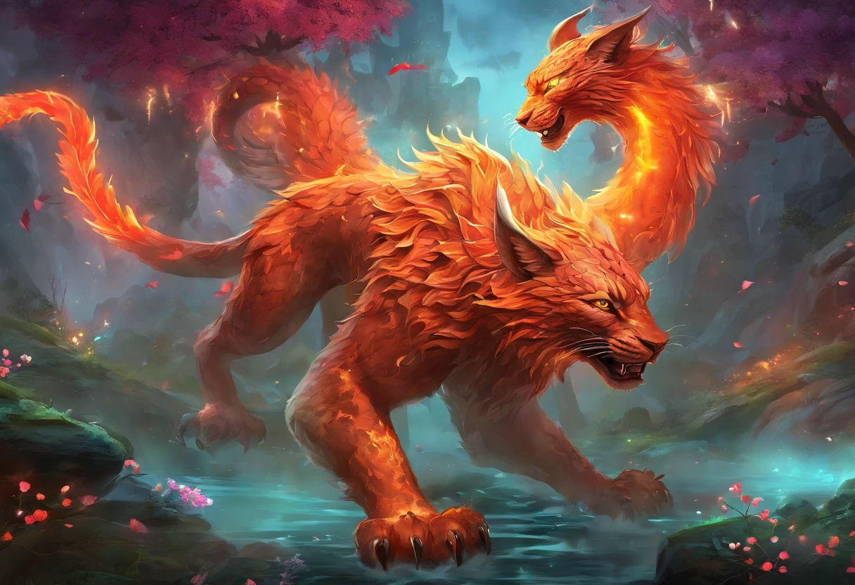 (Best quality,tmasterpiece, iintricate,hyper-detailing,extremely detailed CG unity wallpaper) ,A kind of monster in the mythology of the ancient Chinese book of the Classic of Mountains and Seas,Great Wilderness East Meridian,A mythical beast in Chinese mythology,(Shaped like a red snow leopard,Small and powerful。It has a majestic body and sharp claws,The whole body is covered with fur red as blood),(((The forehead has a sharp horn))),(((It has five tails behind it))),And both eyes radiate lightning,Surrounded by lightning,White clouds surround,Dreamland Wonderland、Genting Heavenly Palace,The peaks are steep,Strange rocks,fanciful,ogre、fang、Riding,Faraway view,(Best quality,tmasterpiece, iintricate,hyper-detailing,RAW photo,8K,hyper HD,超高分辨率,extremely detailed CG unity wallpaper,Chinese colors,The color is bright,brightly,Traditional Chinese elements,((Ancient murals)),legendary,Dappled light,Hazy haze,mystical aura,tmasterpiece,k hd,Rich in color,Detailed details,Colorful colors)