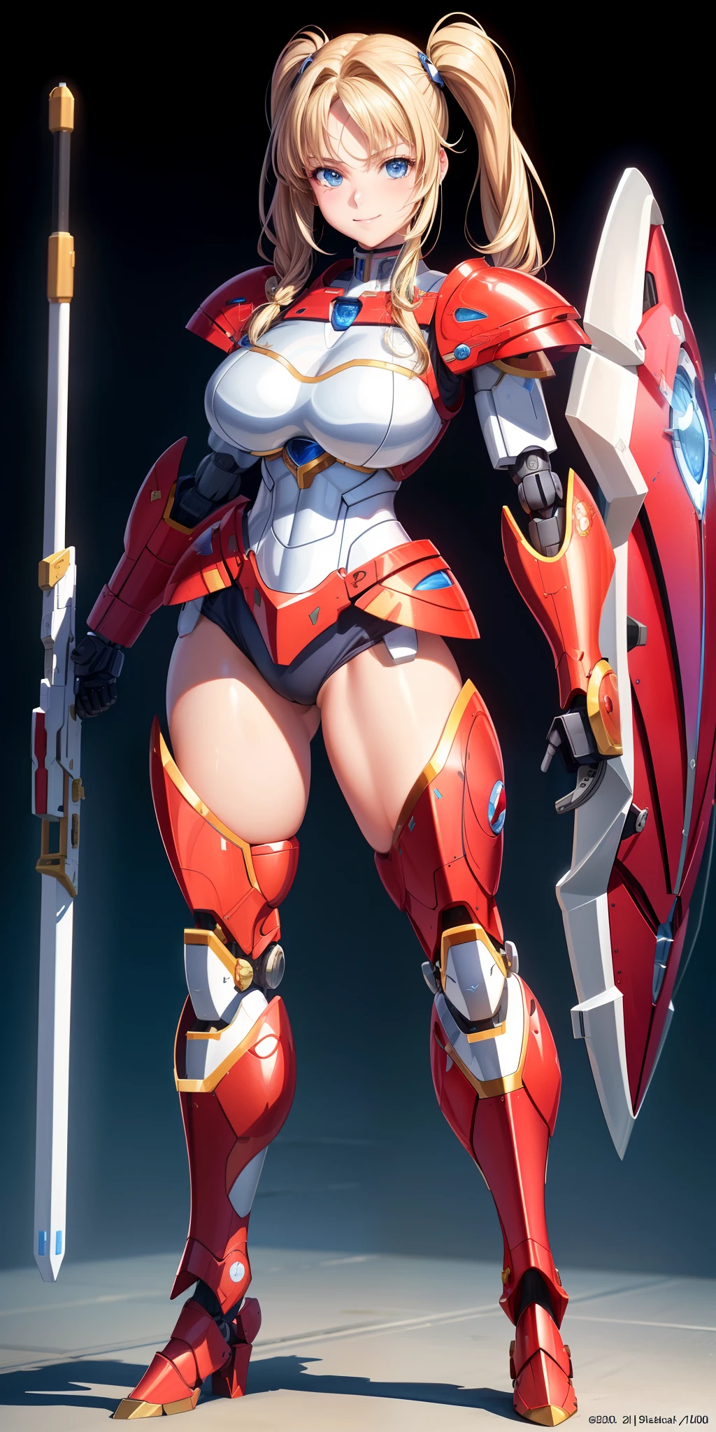 Big breasts, 1girl, ((blonde hair)) ((maria pigtails)) blue eyes, has an extremely sexy body, with full breasts, red armor ((mecha anime)) style of modern gods, sparkling mecha style boots ((shield) heart shape)). has a youthful appearance. young, quality, realistic, best quality, cute expression, shy smile, futuristic arena 2000 years in the future