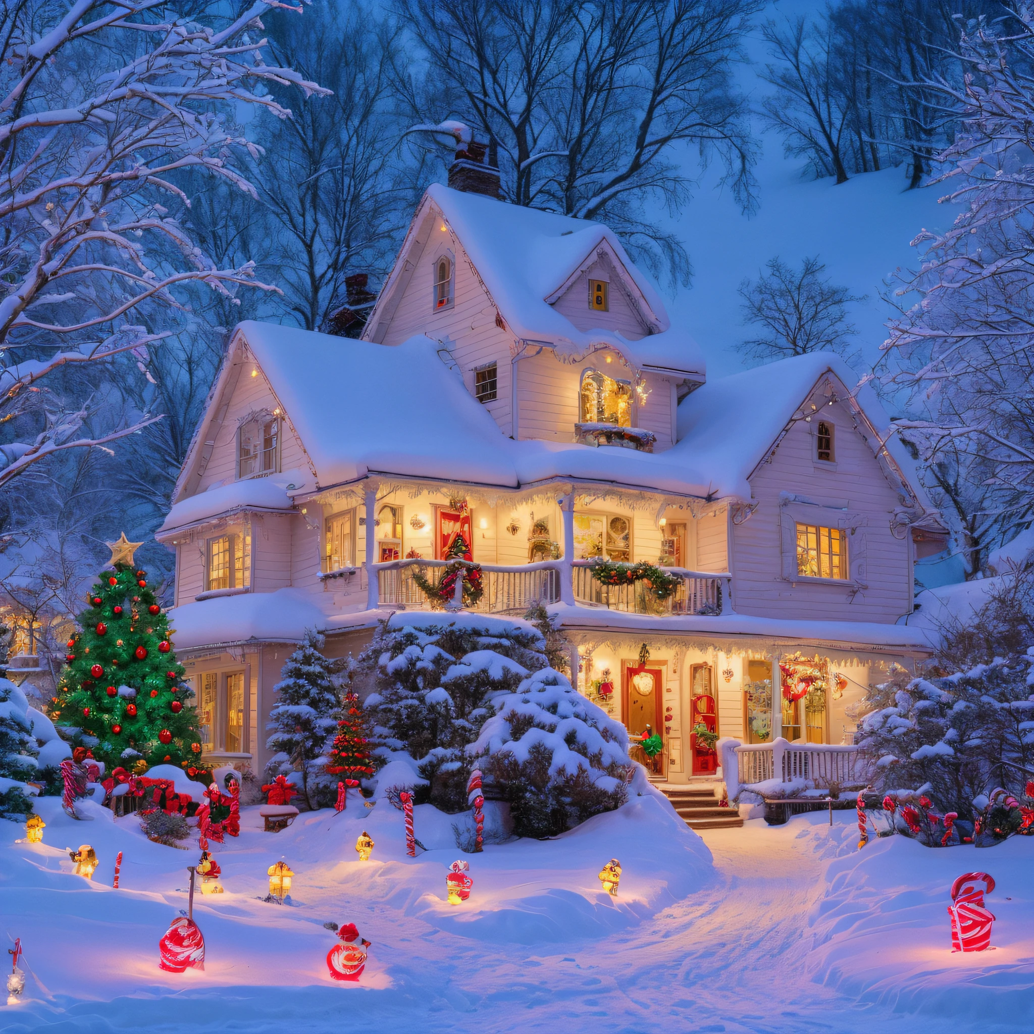 candycane house, christmas lights, snowing, enchanted, magical, whimsical, (masterpiece:1.1) (best quality) (detailed) (intricate) (8k) (HDR) (cinematic lighting) (sharp focus:1.1)