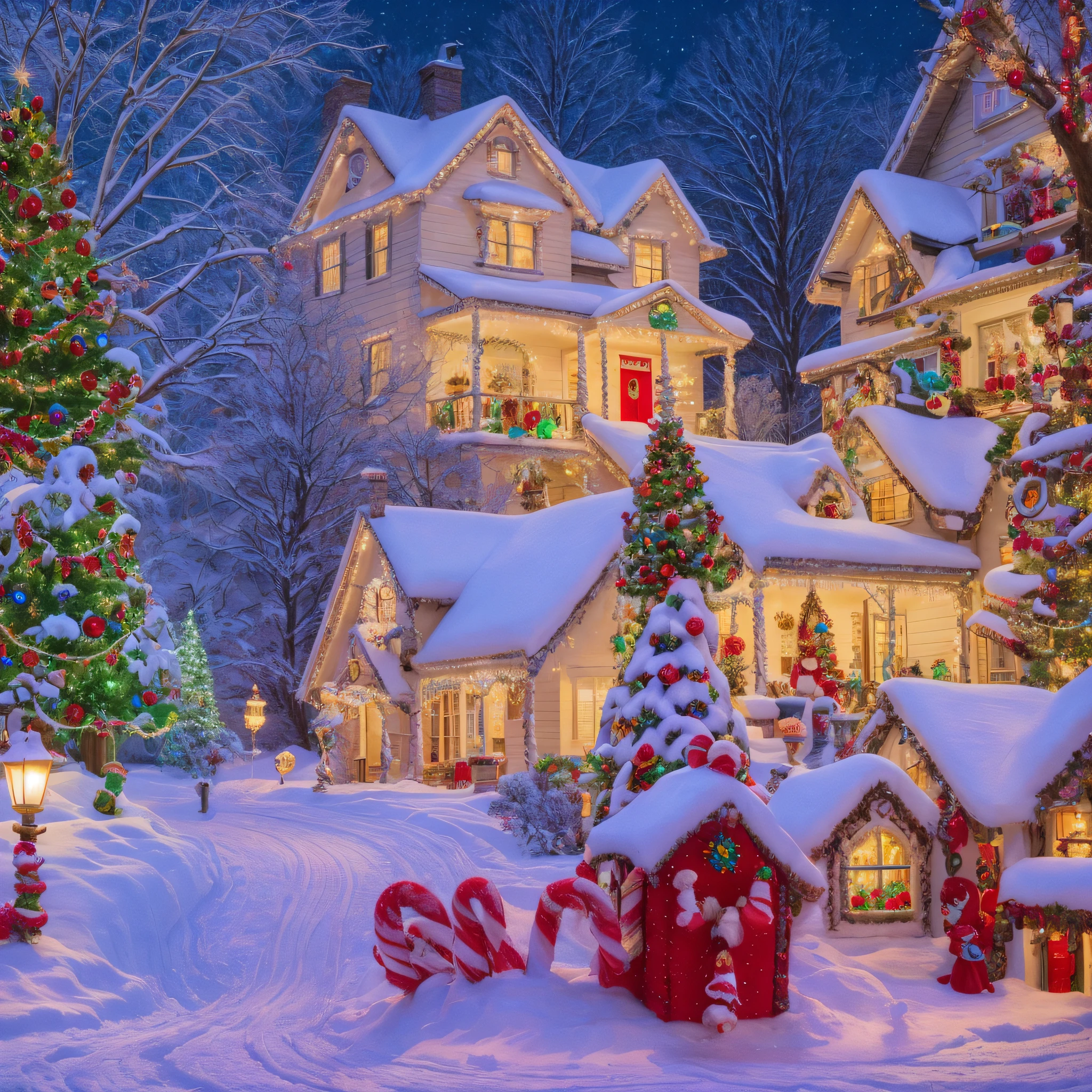 candycane house, christmas lights, snowing, enchanted, magical, whimsical, (masterpiece:1.1) (best quality) (detailed) (intricate) (8k) (HDR) (cinematic lighting) (sharp focus:1.1)