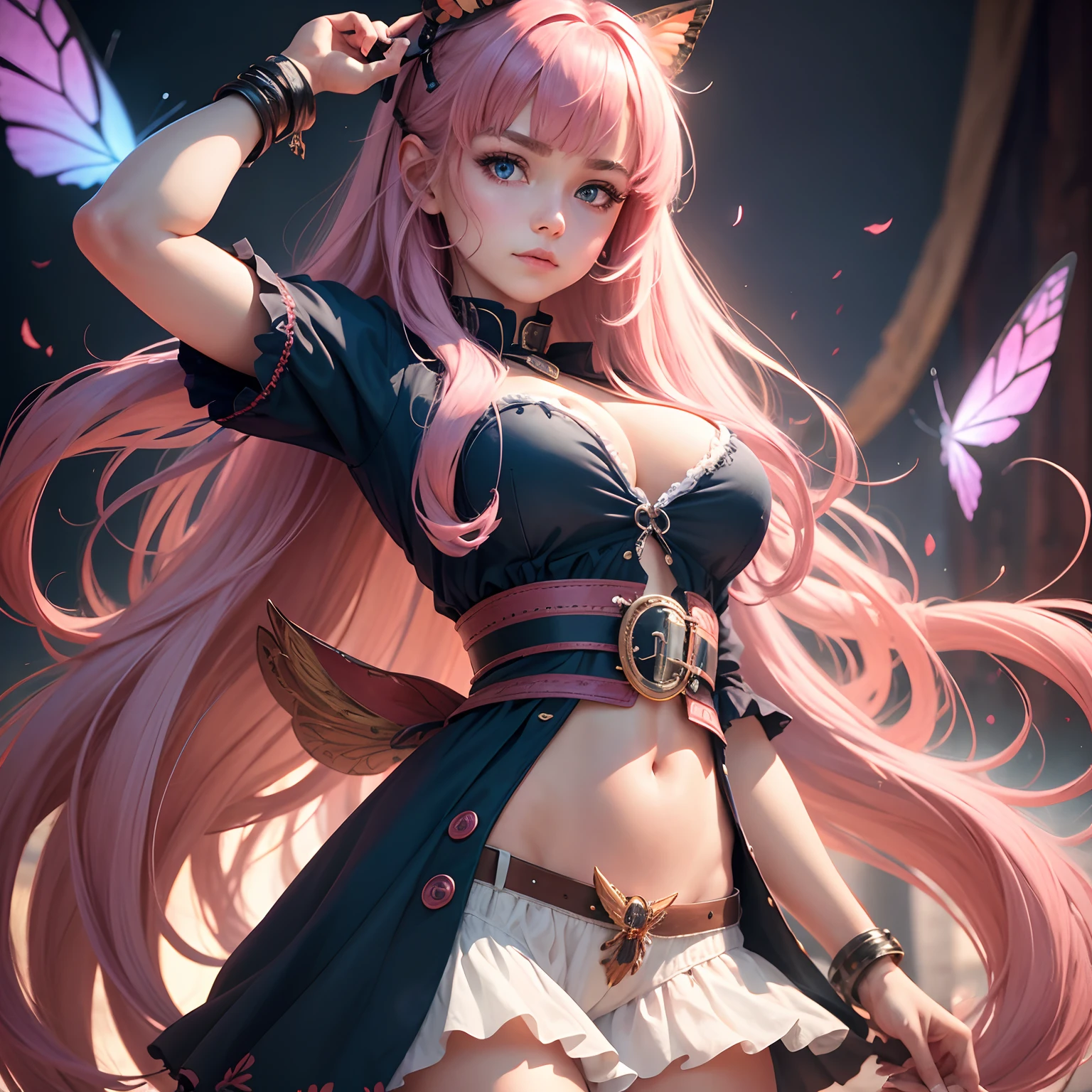 8k, masterpiece, best quality, realistic, higly detailed, cowboy shot, 1girl, solo, Nino, cute, cold-looking girl, waist-length straight hair, square bangs hanging over eyebrows, reddish-pink hair, twin butterfly-shaped ribbons on both sides of head, dark blue eyes, average height, well-endowed figure, large breasts, fashionable girl, various cute accessories, takes care of nails, Pop Singer