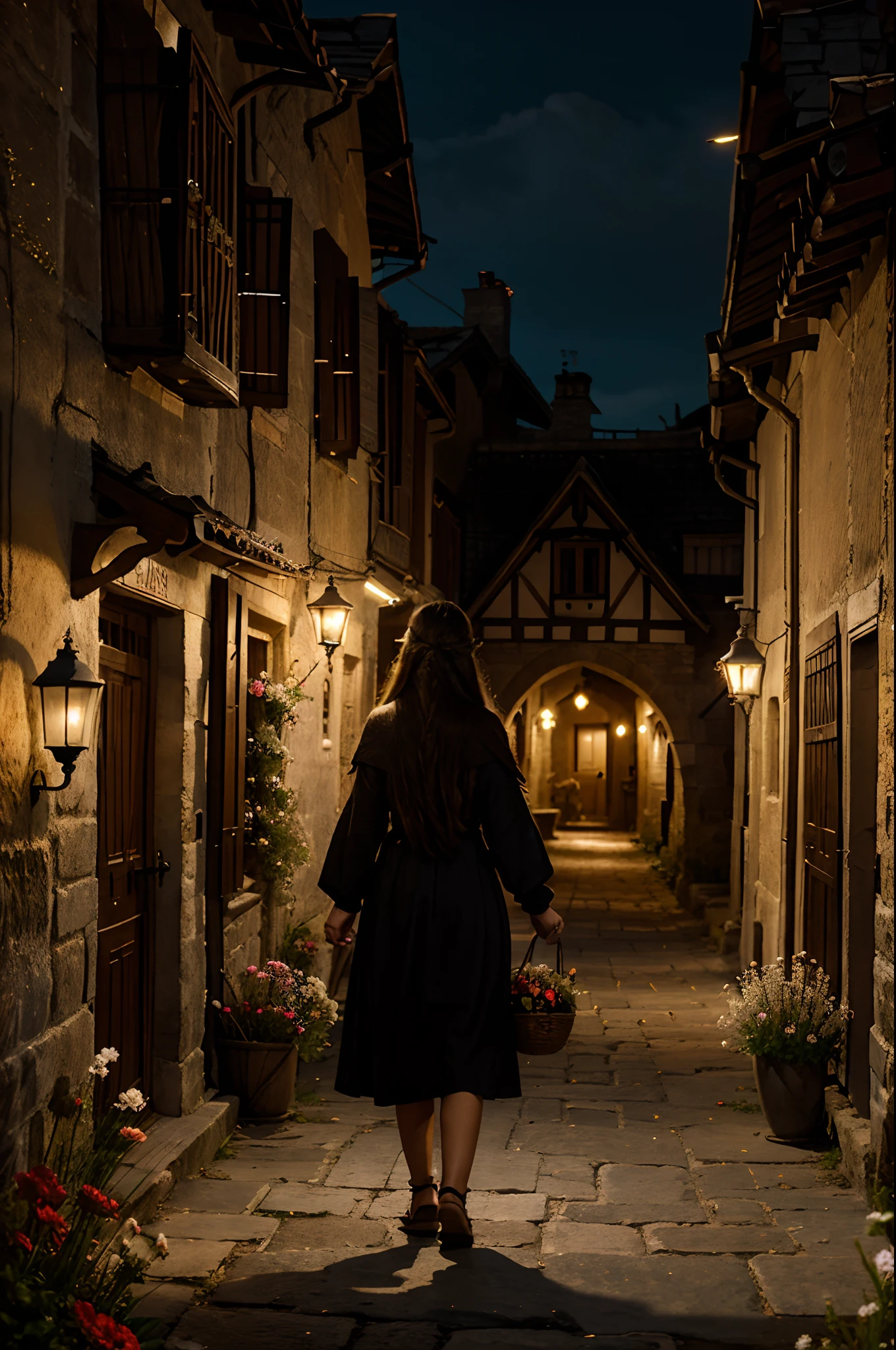 Medieval architecture, an old village, a young beautiful medieval woman  with long hair, walking happily with a small basket of flower, twilight, dramatic sunset, houses lantern is glowing