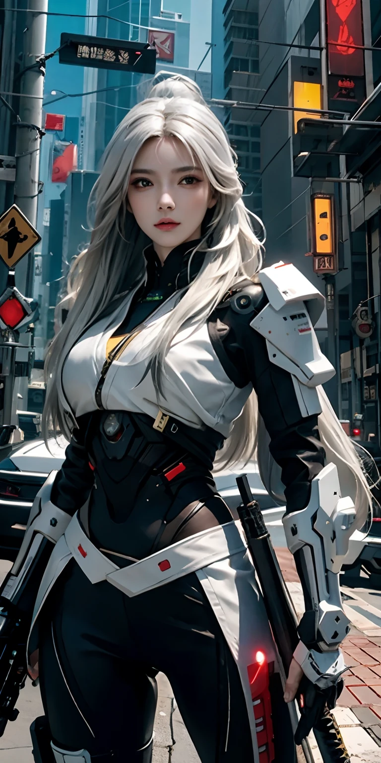 photorealistic, high resolution, soft light,1women, solo, hips up, (detailed face),white long hair, cybersamurai, cyborg, cyberpunk, cyber armor, holding weapon,glowing,gun, sniper, on the street