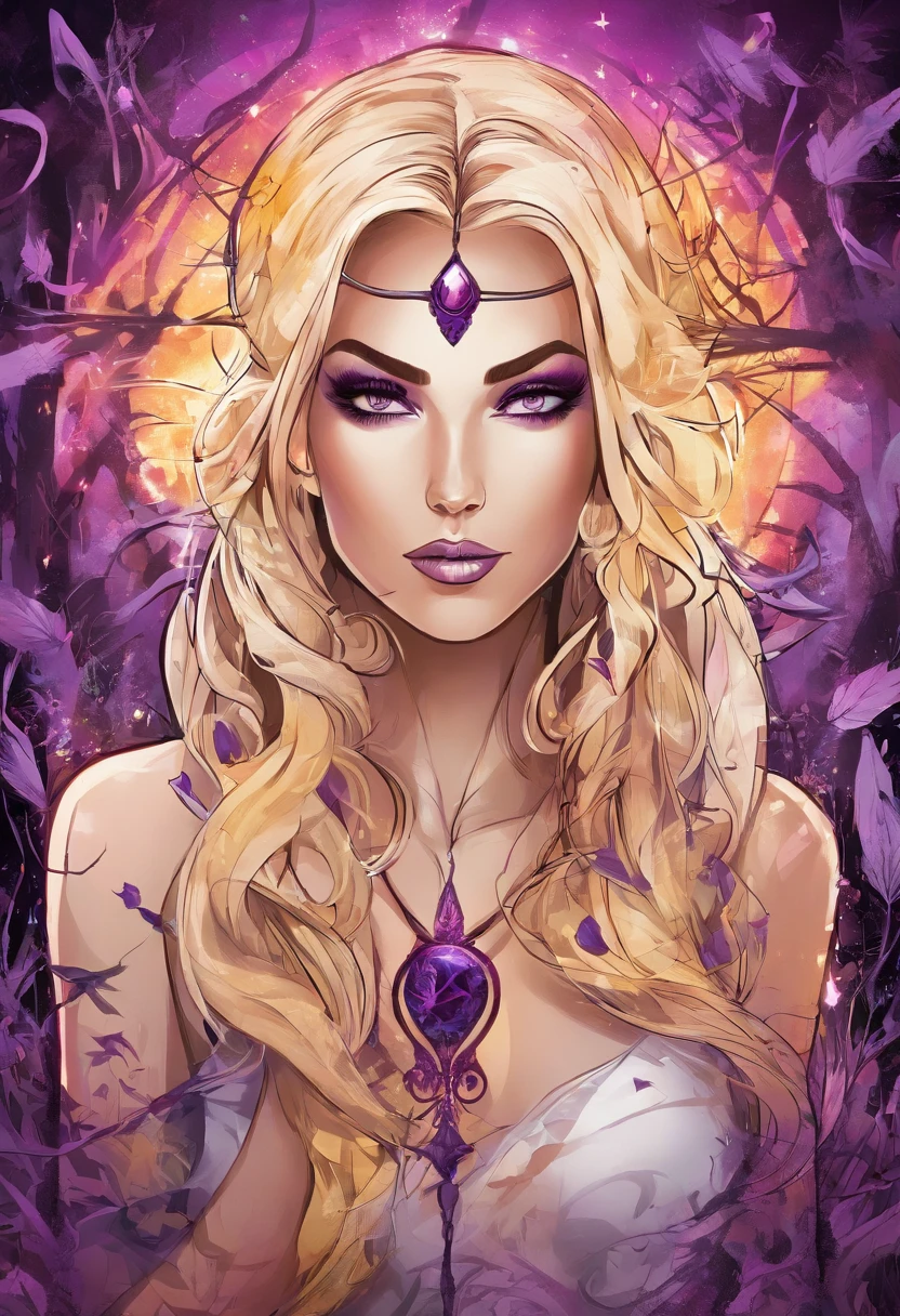 female with glowing purple eyes, blonde hair, witch, goddess, casting glowing spells, in mystical fantasy woods, evil smirk