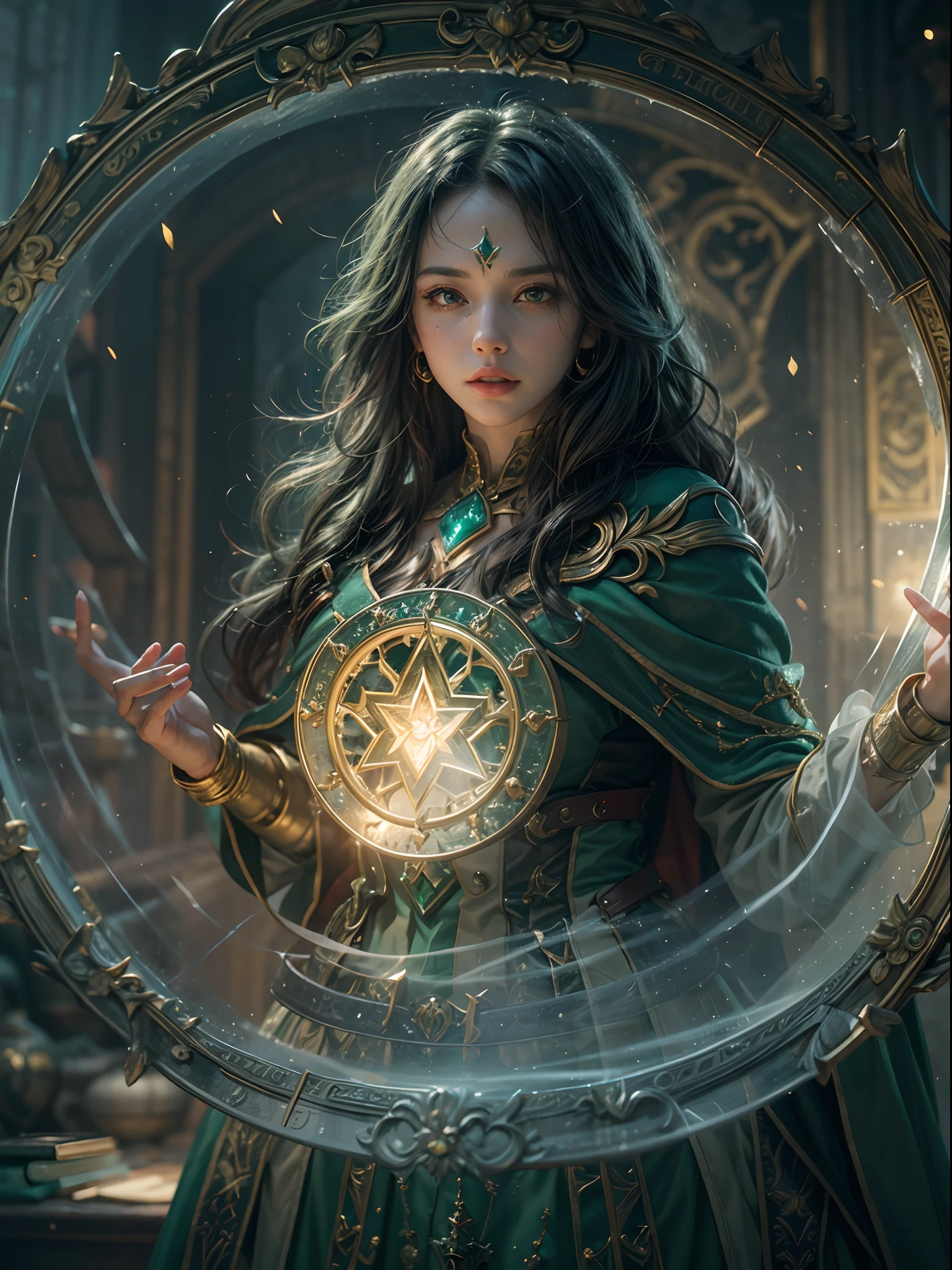 A woman using green magic spell to summoning a magical shield perfect through a powerful spell to create a magical barrier of protection, fantasy world, perfect details, highly detailed portrait, 24K UHD graphics, blurred background, magical green circle in the background