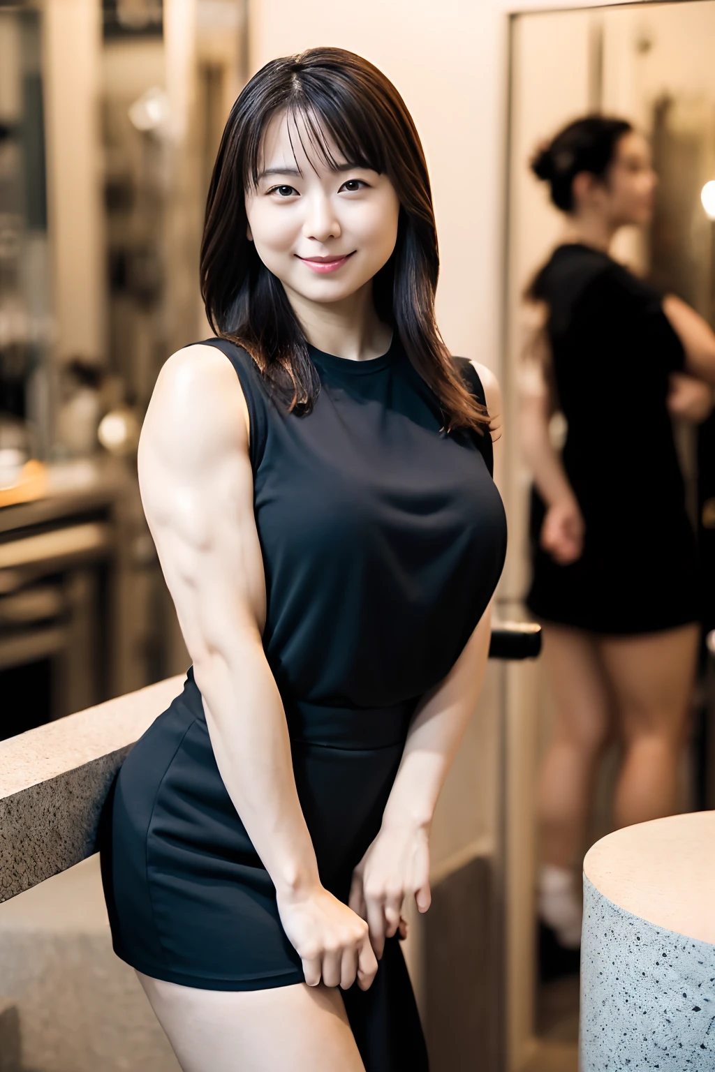 (realisitic、Photorealsitic:1.37)、(​masterpiece、top-quality:1.2)、(超A high resolution:1.2)、(Raw photography:1.2)、(foco nítido:1.3)、(Face Focus:1.2)、(Ultra detailed CG unified 8k wallpaper:1.2)、(Beautiful skin:1.2)、(pale-skinned:1.3)、(hyper-sharp focus:1.5)、(Ultra Sharp Focus:1.5)、(Beautiful clean face:1.3)、(Ultra detailed backgrounds、detailedbackground:1.3), bokeh dof、depth of fields、BREAK、 Very cute and beautiful Japan women pictures、(22year old:1.1)、Portrait of a girl with a bright smile、(Full body shot:1.2)、Woman with white transparent skin,((Muscular woman like a bodybuilder:1.2)) ,Hourglass-shaped body、((Huge ass)),((thick and strong legs:1.2、Sculpted muscular legs:1.2))、((Thick arms with sculpted muscles:1.2))、wide breasts, ((Disproportionately large breasts:1.2))、((Lori face:1.2))、Narrow eyes, cute  face, Narrow eyes,((closes mouth、shyly smile))、One-length、(black bodycon dress,Black tight skirt:1.3)、Narrow alleys in the big city