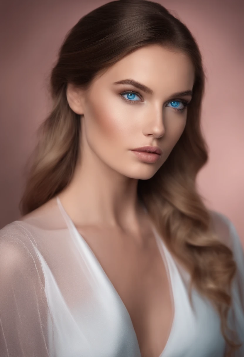 For all the girls out there, a beautiful blue-eyed woman, in the clean-edged style, in light pink and dark amber, with distinct facial features, angelcore, #vfxfriday, iconic, monochromatic serenity -- ar 31:39