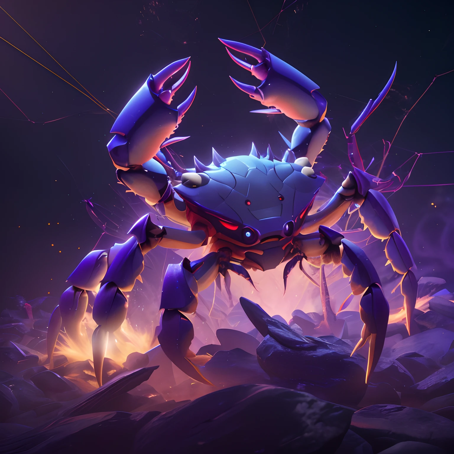 Close-up of crabs,The body glows,The paws glow, 4k highly detailed digital art, 4K detailed digital art, epic digital art illustration, author:Adam Maczynski, 3d render digital art, crab monster, octane. trending on artstationh, 3 d epic illustrations, ultra realistic 3d illustration, epic retrowave art, Jane Barthel has a large crab in the middle of his space, amazing space creature 4 k, lolth, epic fantasy sci fi illustration, cosmic horror concept art, Purple crab on purple background and purple background, 3 d render stylized, 3 d rendered in octane, 3d rendered in octane, anthropomorphic crab, rendered in cinema 4 d octane, depicted as a 3 d render,Crab creatures, rendered in octane 3d, Rendered in Cinema4D, rendered in cinema 4 d
